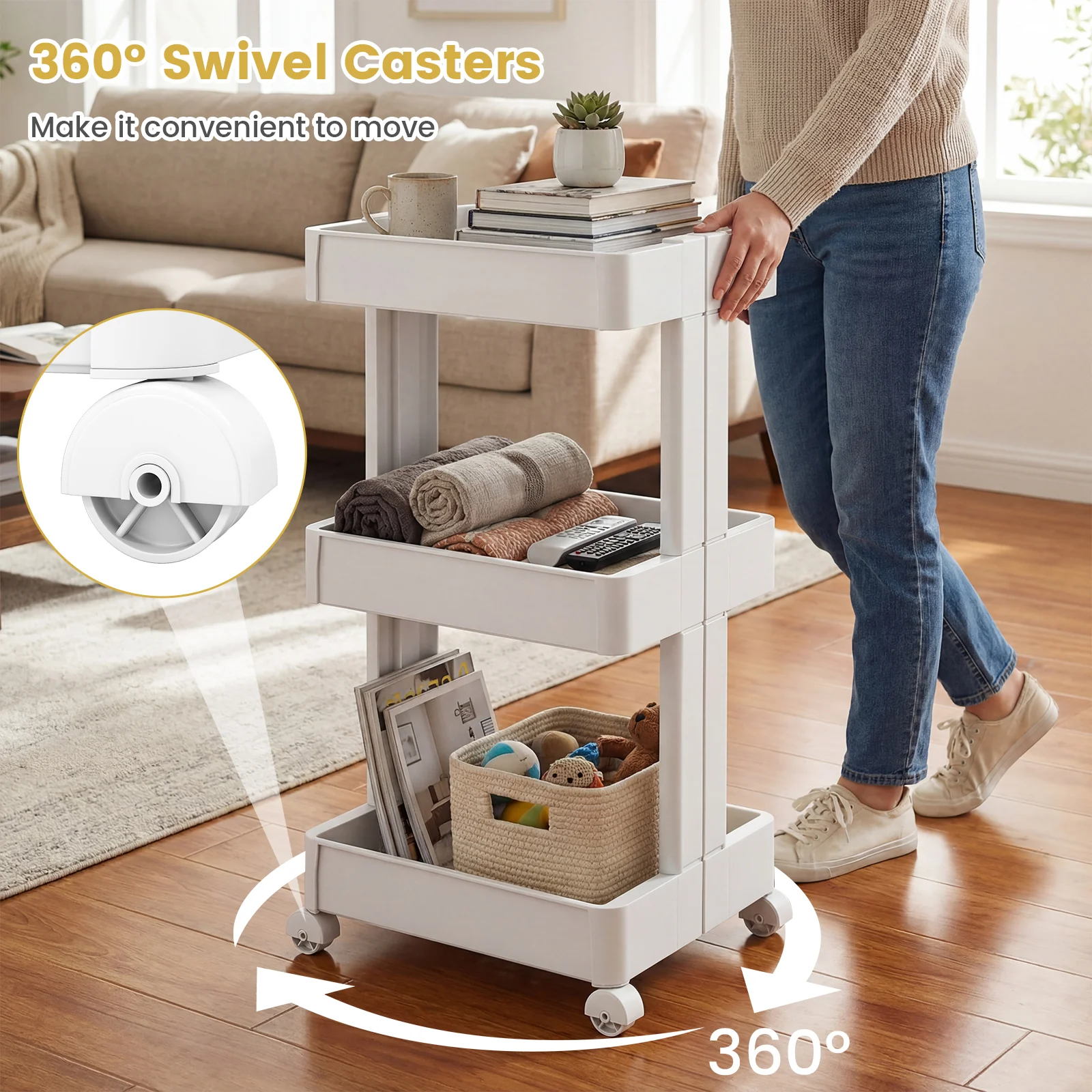 3/4-Tier Rolling Utility Cart with Detachable Trays and Smooth Wheels-3-Tier - Image 10