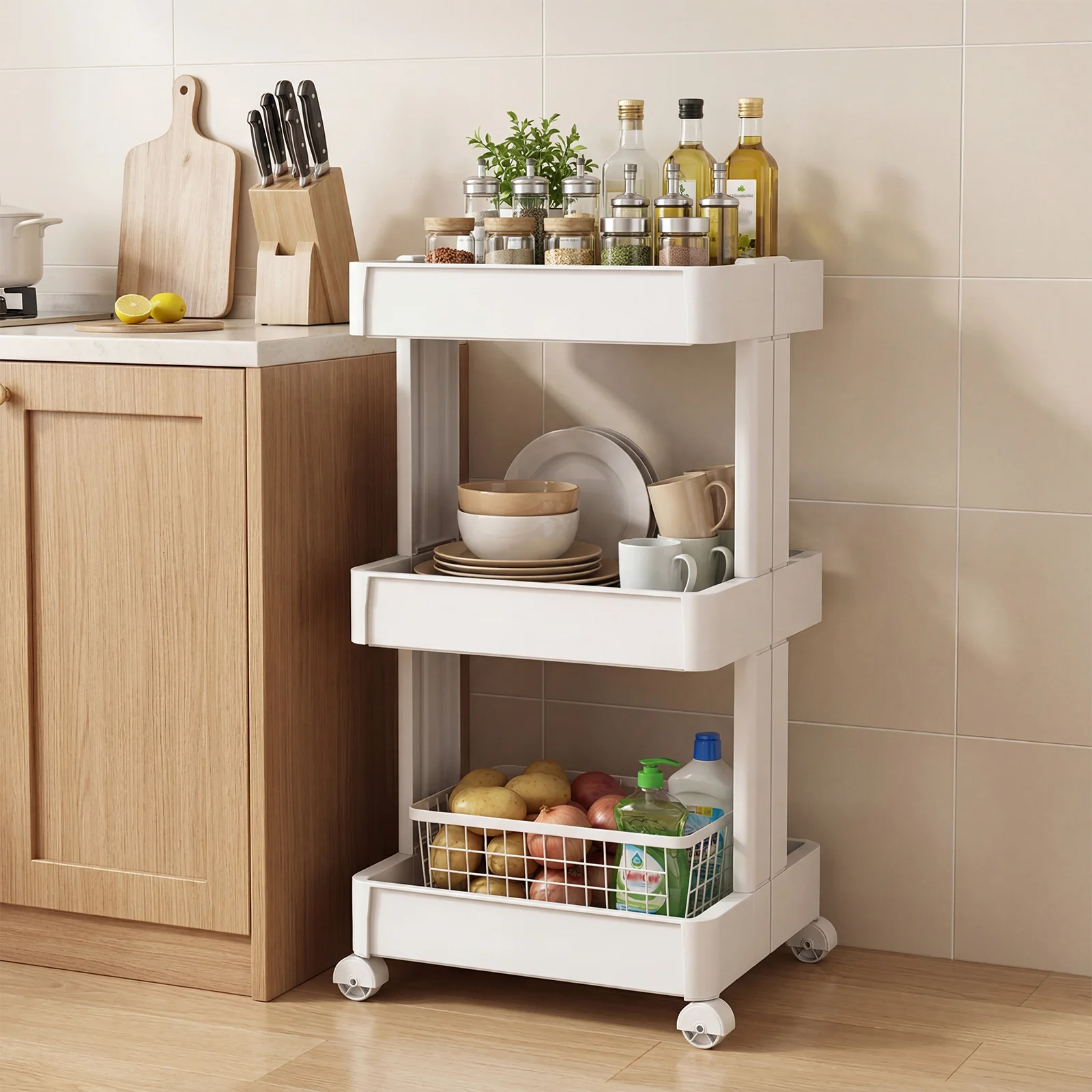 3/4-Tier Rolling Utility Cart with Detachable Trays and Smooth Wheels-3-Tier - Image 2