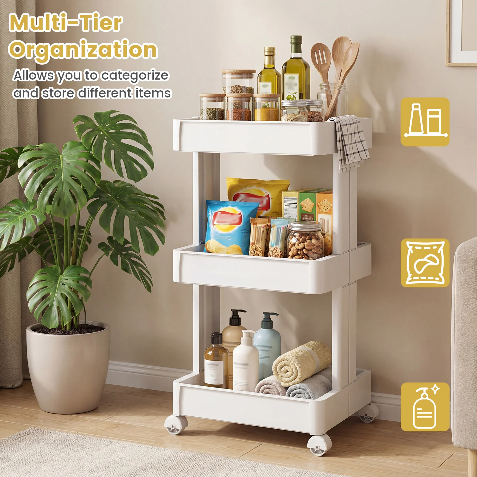 3/4-Tier Rolling Utility Cart with Detachable Trays and Smooth Wheels-3-Tier - Image 7