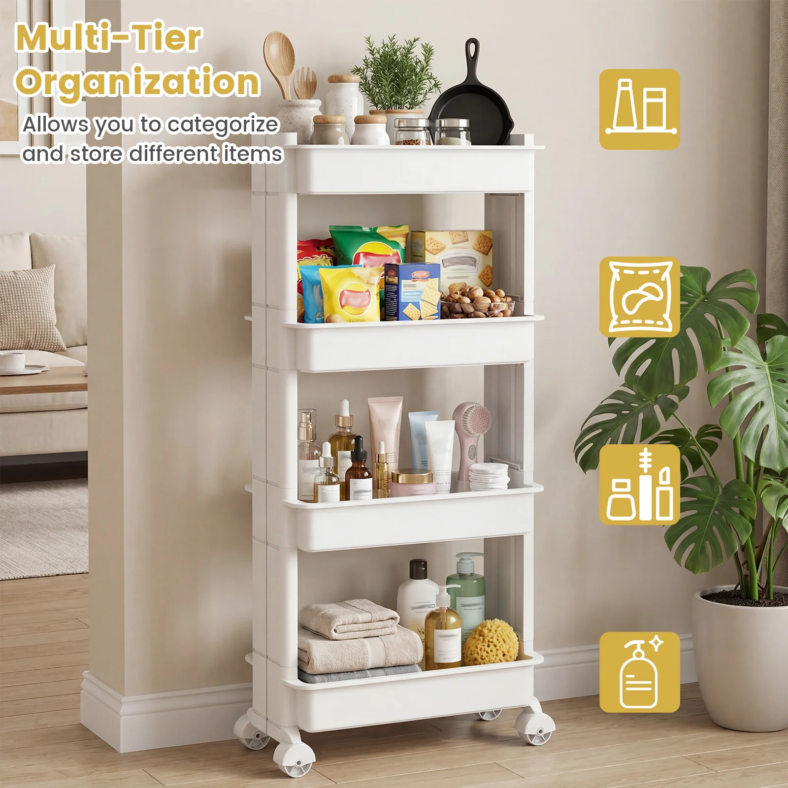 3/4-Tier Rolling Utility Cart with Detachable Trays and Smooth Wheels-4-Tier - Image 2