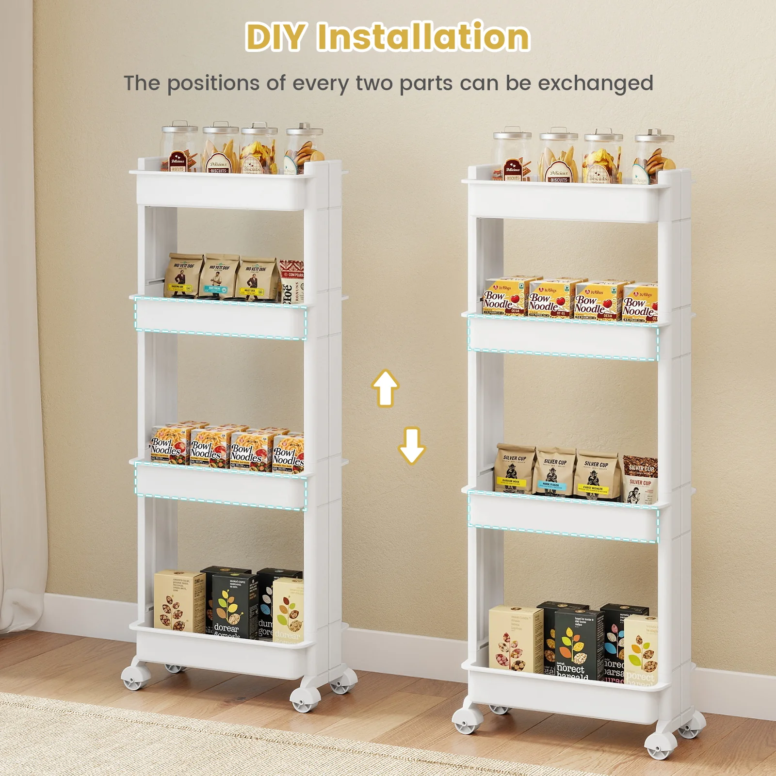 3/4-Tier Rolling Utility Cart with Detachable Trays and Smooth Wheels-4-Tier - Image 3