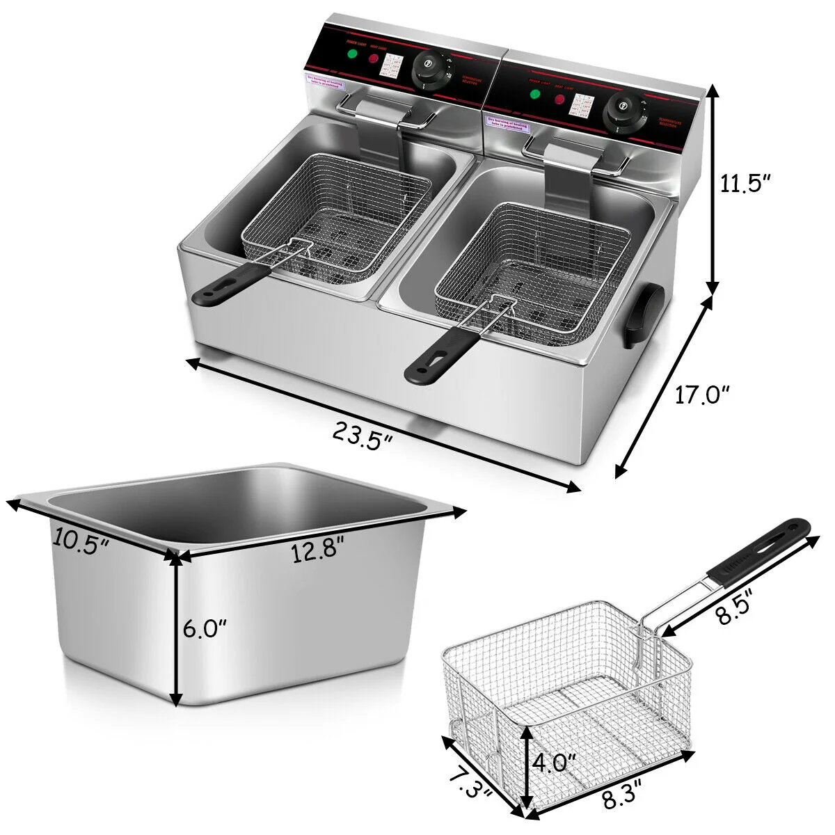 3400W Dual Tank Electric Countertop Deep Fryer, Silver - Image 5