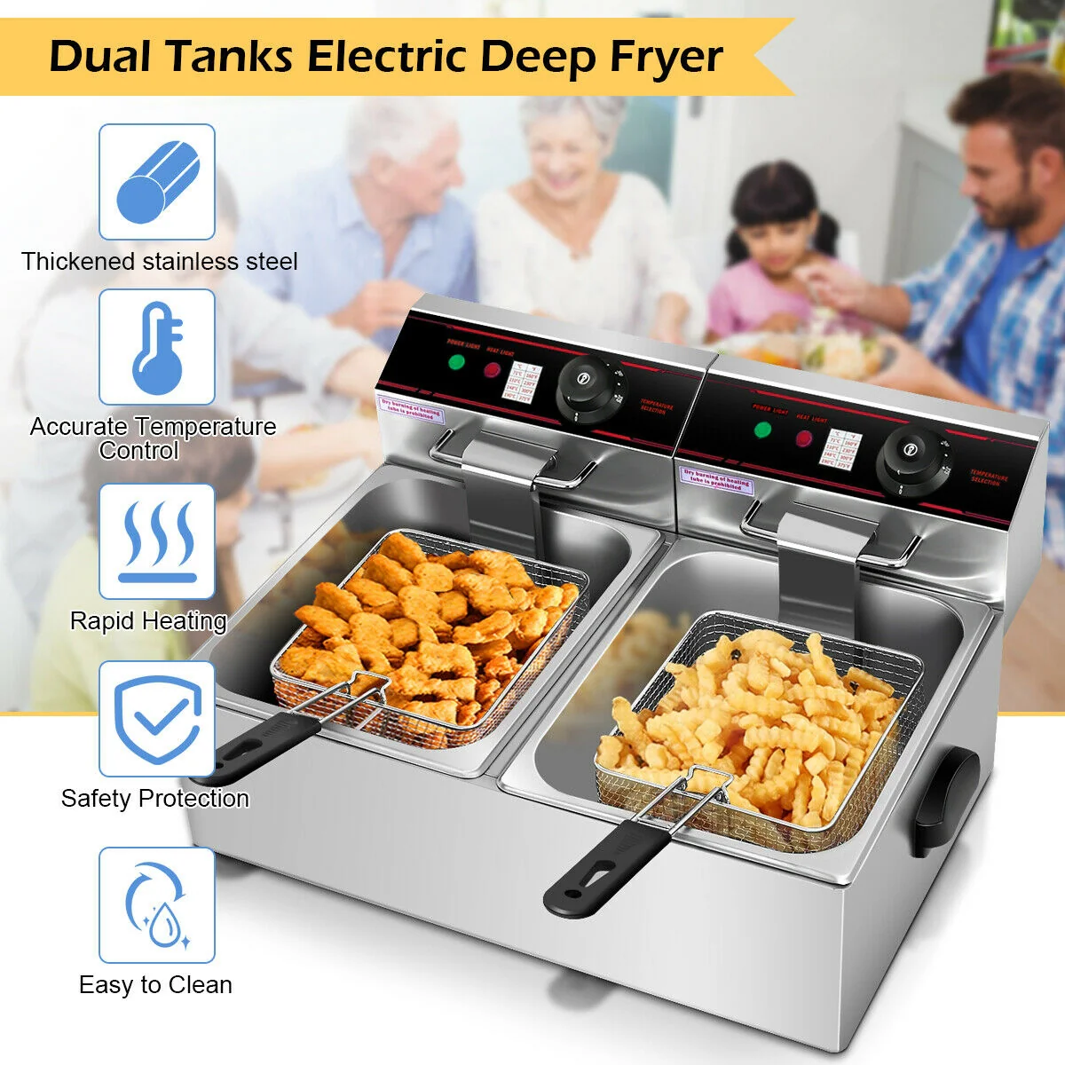3400W Dual Tank Electric Countertop Deep Fryer, Silver - Image 6