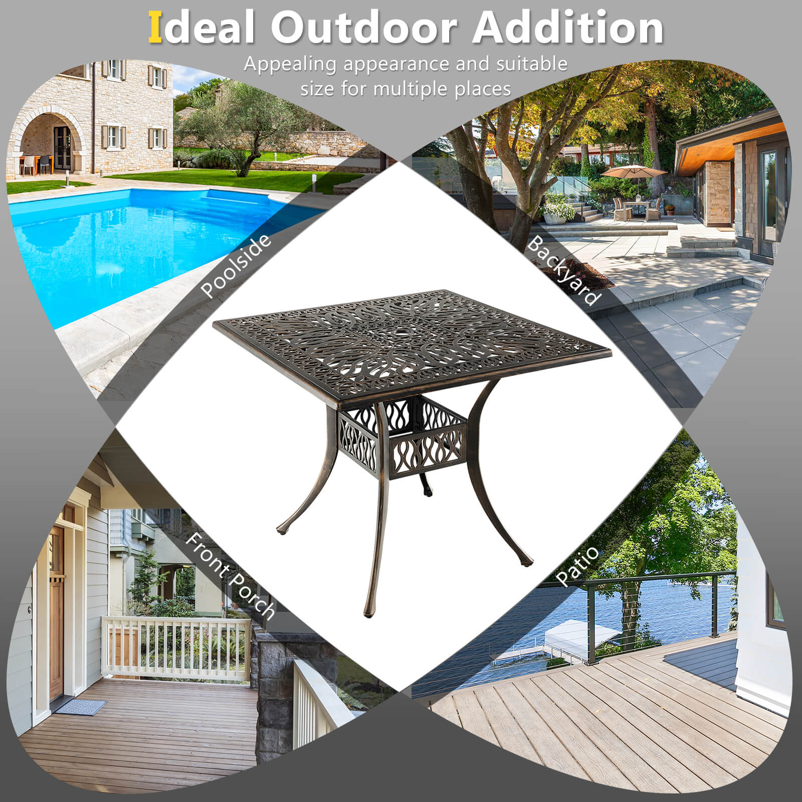35.4 Inch Aluminum Square Dining Table, With Umbrella Hole, Bronze - Image 10