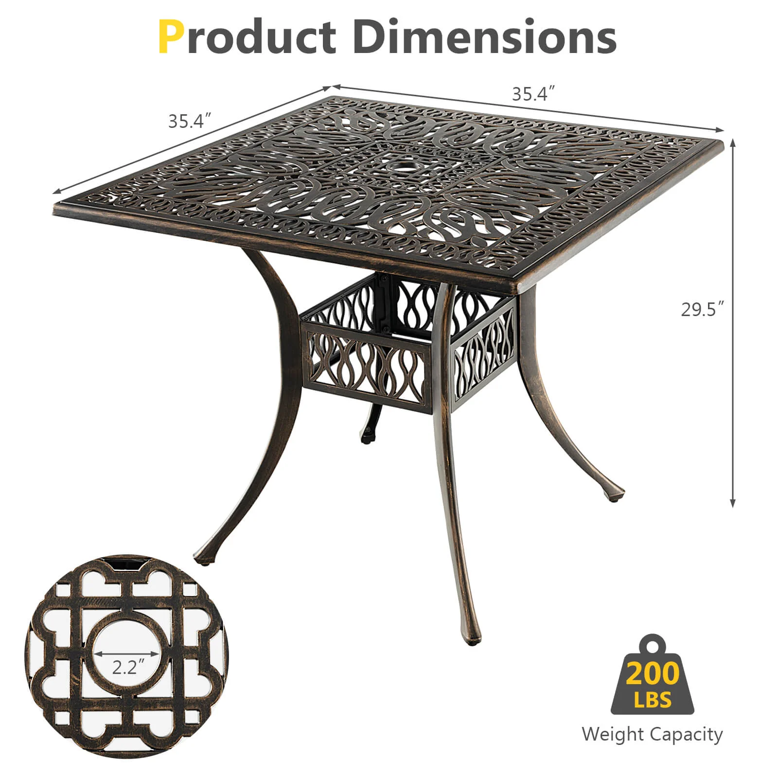 35.4 Inch Aluminum Square Dining Table, With Umbrella Hole, Bronze - Image 7