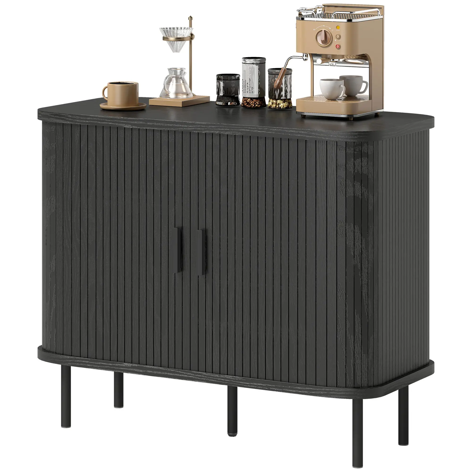 35.4" Sideboard Buffet Cabinet, Slatted Tambour Doors, Metal Legs, Black