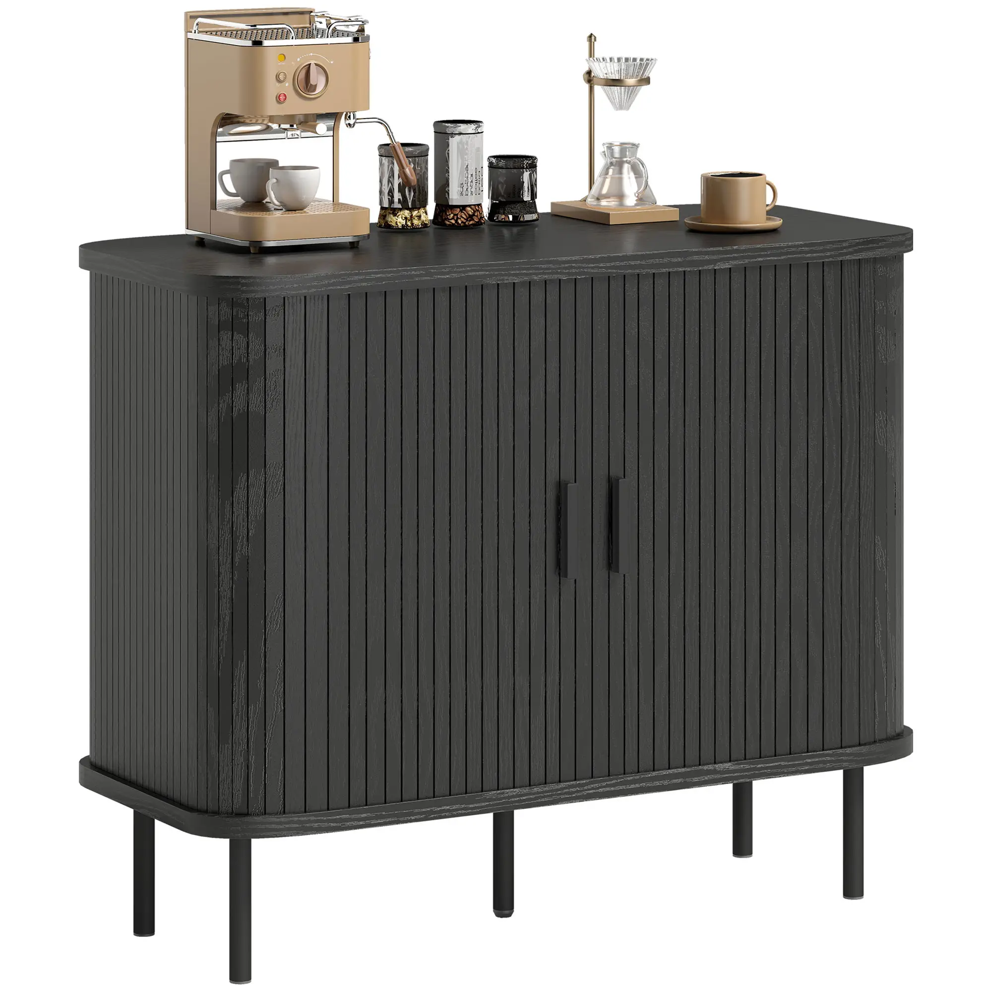 35.4" Sideboard Buffet Cabinet, Slatted Tambour Doors, Metal Legs, Black - Image 11