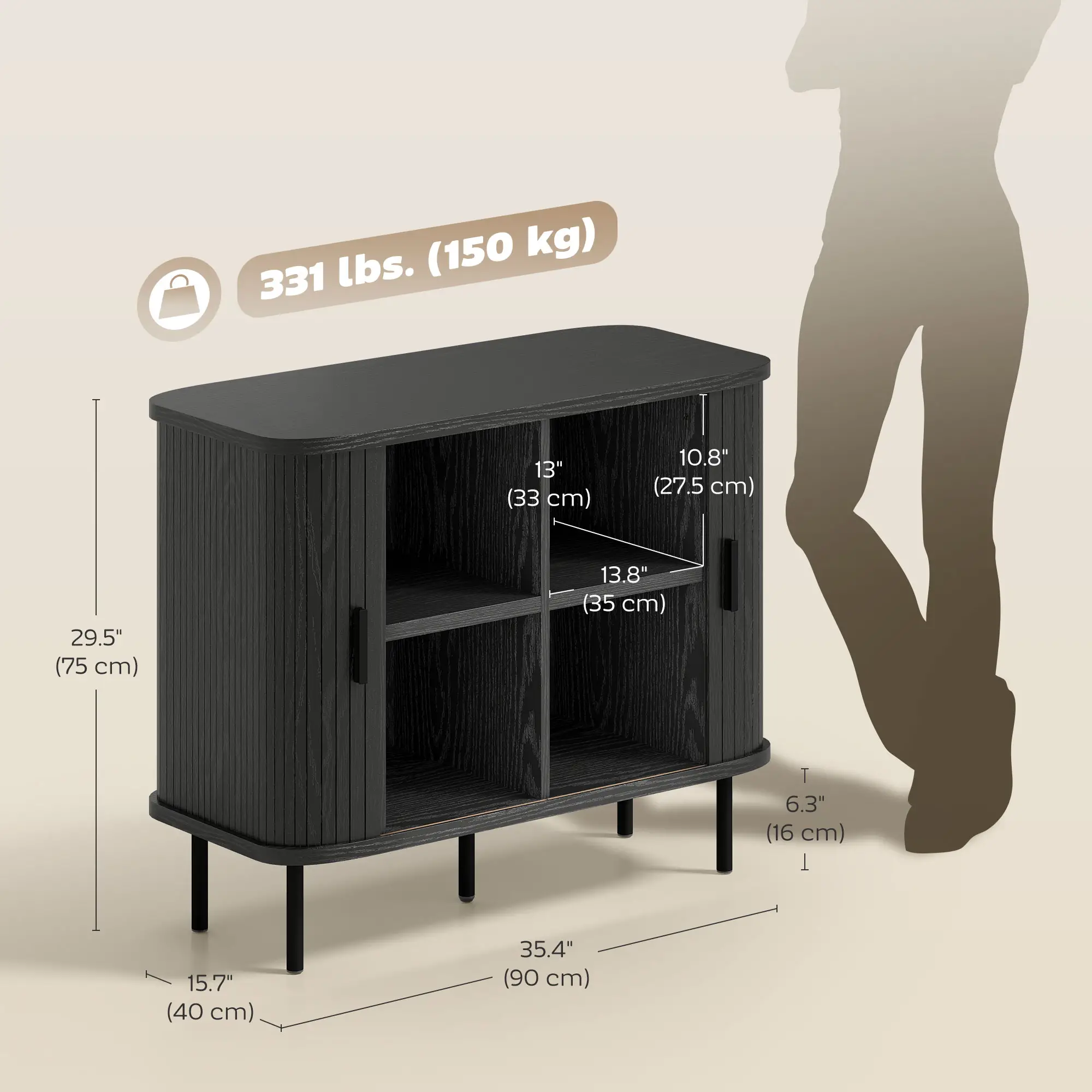 35.4" Sideboard Buffet Cabinet, Slatted Tambour Doors, Metal Legs, Black - Image 3