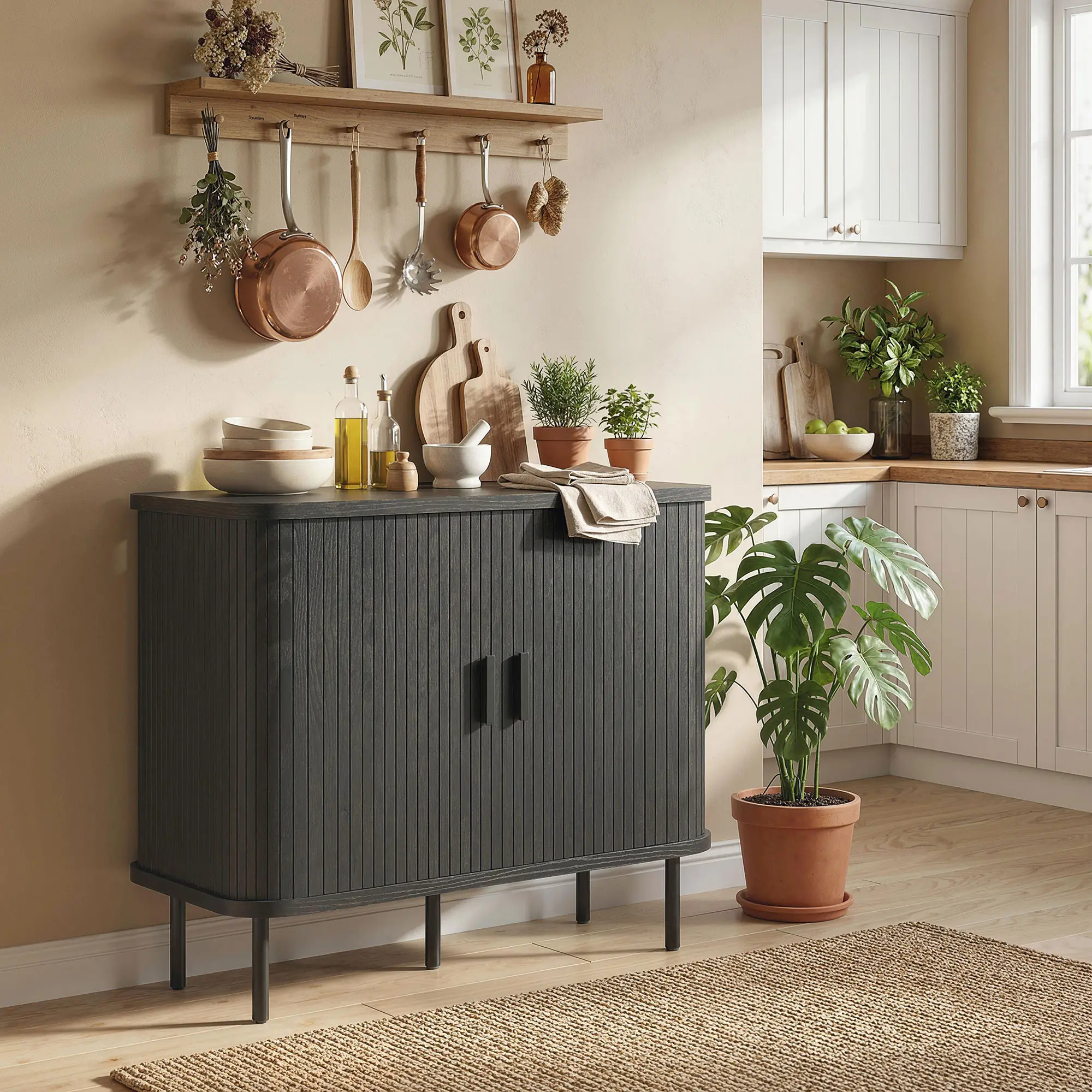 35.4" Sideboard Buffet Cabinet, Slatted Tambour Doors, Metal Legs, Black - Image 8