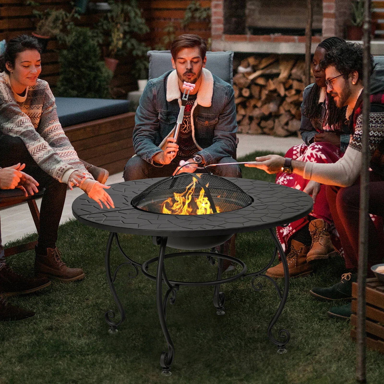 35.5 Feet Patio Fire Pit Dining Table, With BBQ Grate, Black - Image 2