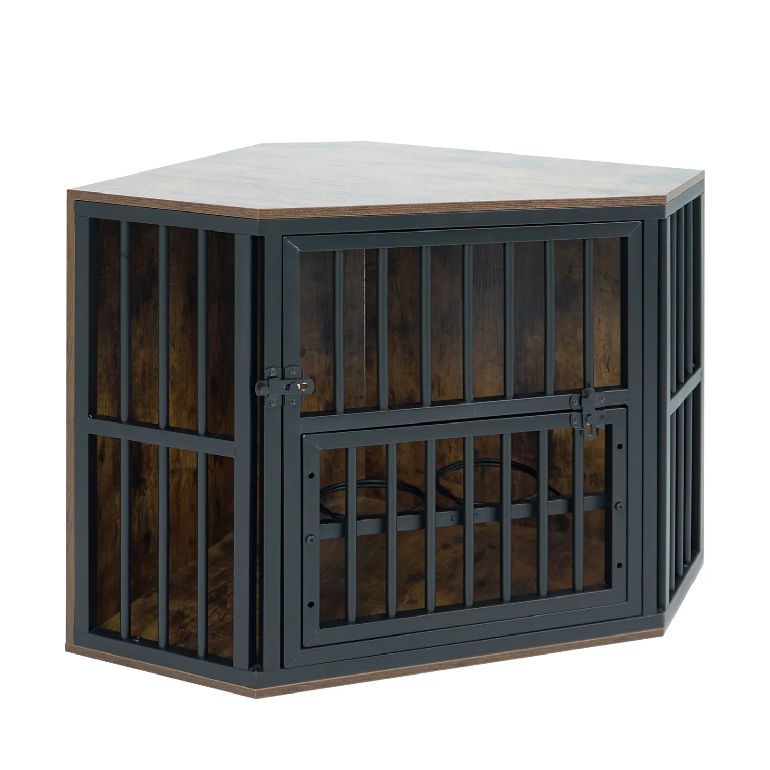 35.5 Inches Wooden Dog Kennel End Table, Dog Bowl Rack, Rustic Brown