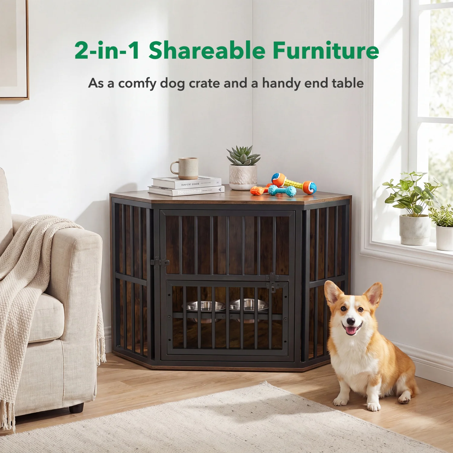 35.5 Inches Wooden Dog Kennel End Table, Dog Bowl Rack, Rustic Brown - Image 3