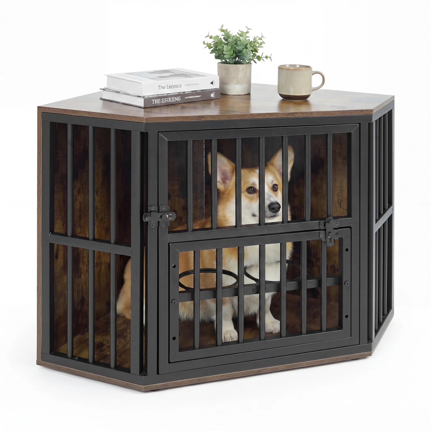 35.5 Inches Wooden Dog Kennel End Table, Dog Bowl Rack, Rustic Brown - Image 4
