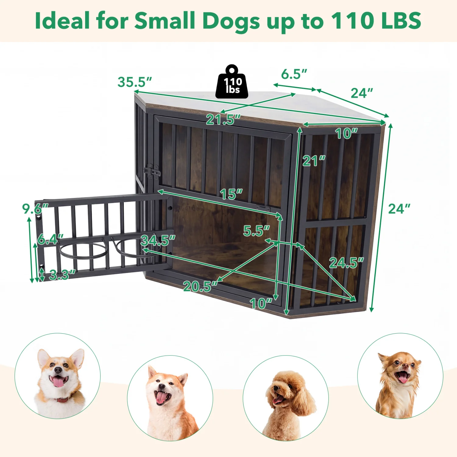35.5 Inches Wooden Dog Kennel End Table, Dog Bowl Rack, Rustic Brown - Image 5