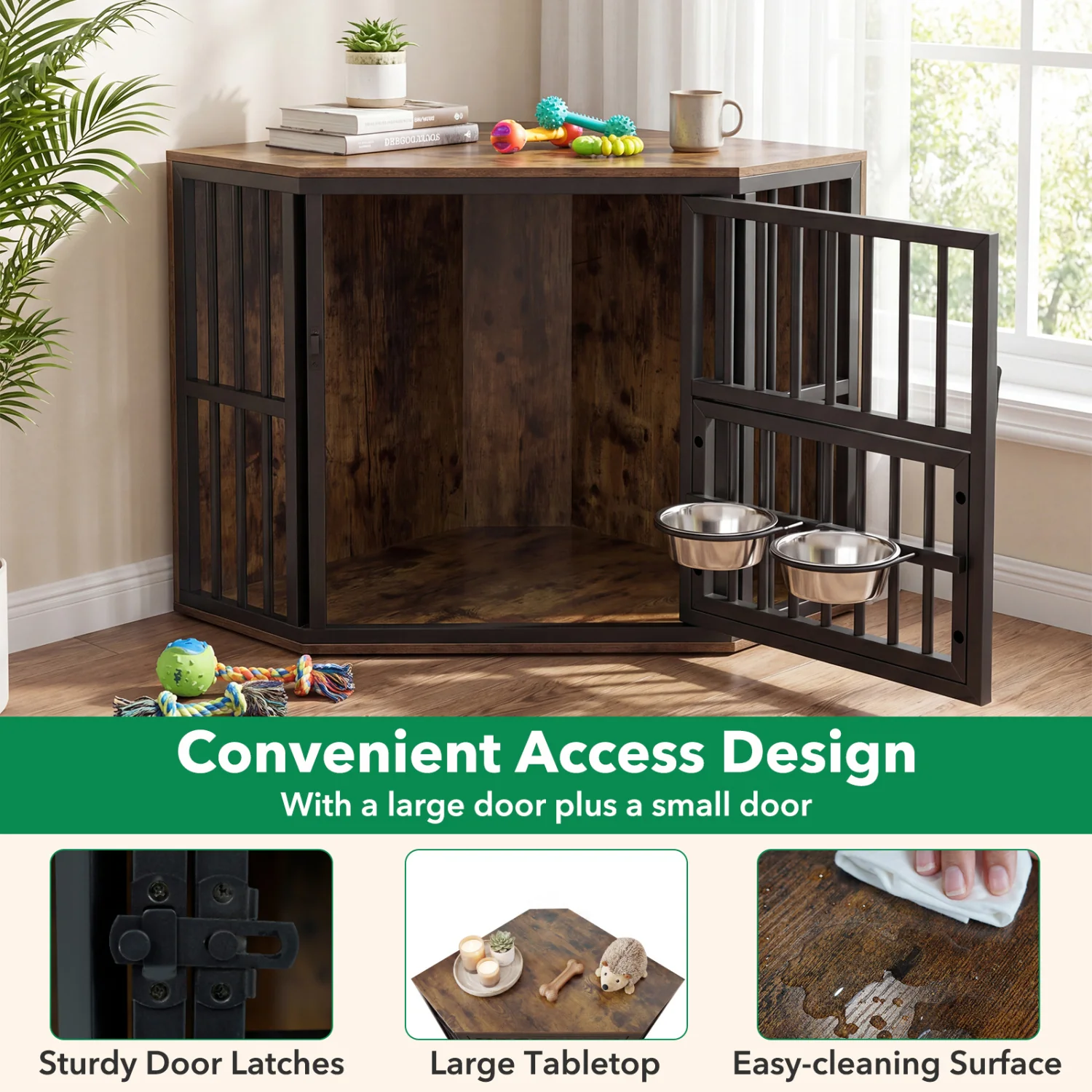 35.5 Inches Wooden Dog Kennel End Table, Dog Bowl Rack, Rustic Brown - Image 7