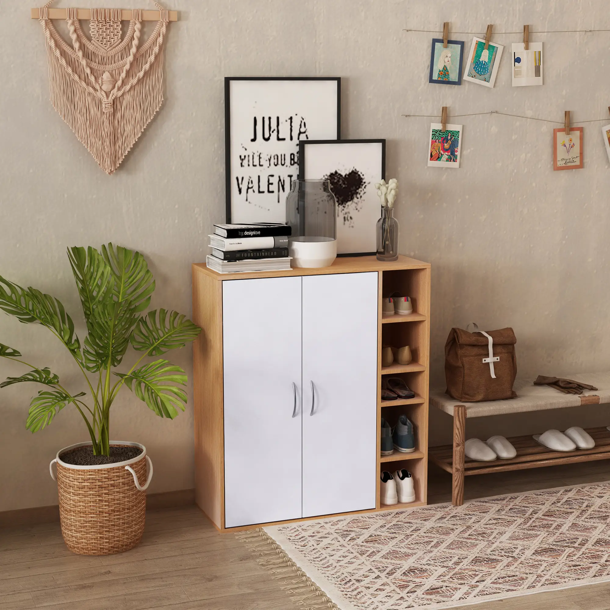 35.5" Shoe Cabinet, 3-Tier Adjustable Shelves, 5 Open Cubes, Natural - Image 2