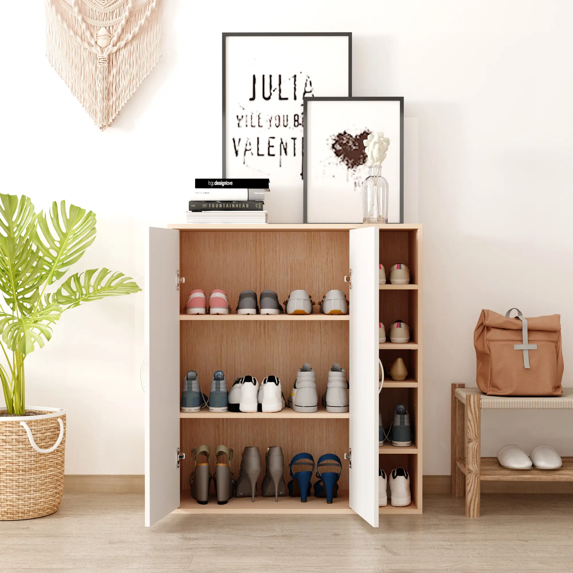 35.5" Shoe Cabinet, 3-Tier Adjustable Shelves, 5 Open Cubes, Natural - Image 8