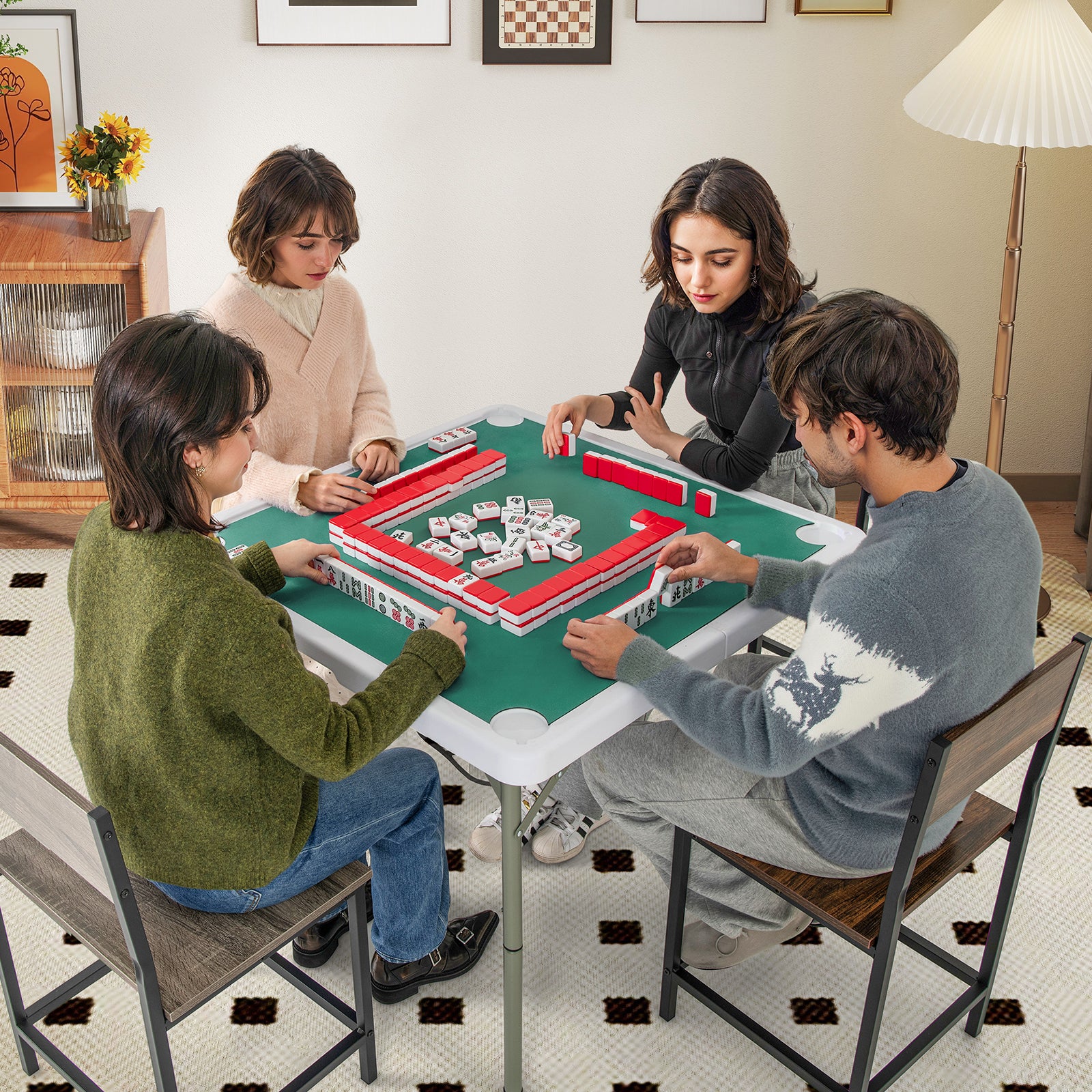 35 Inch 4 Player Folding Mahjong Table, Cup Holders, Green - Image 2