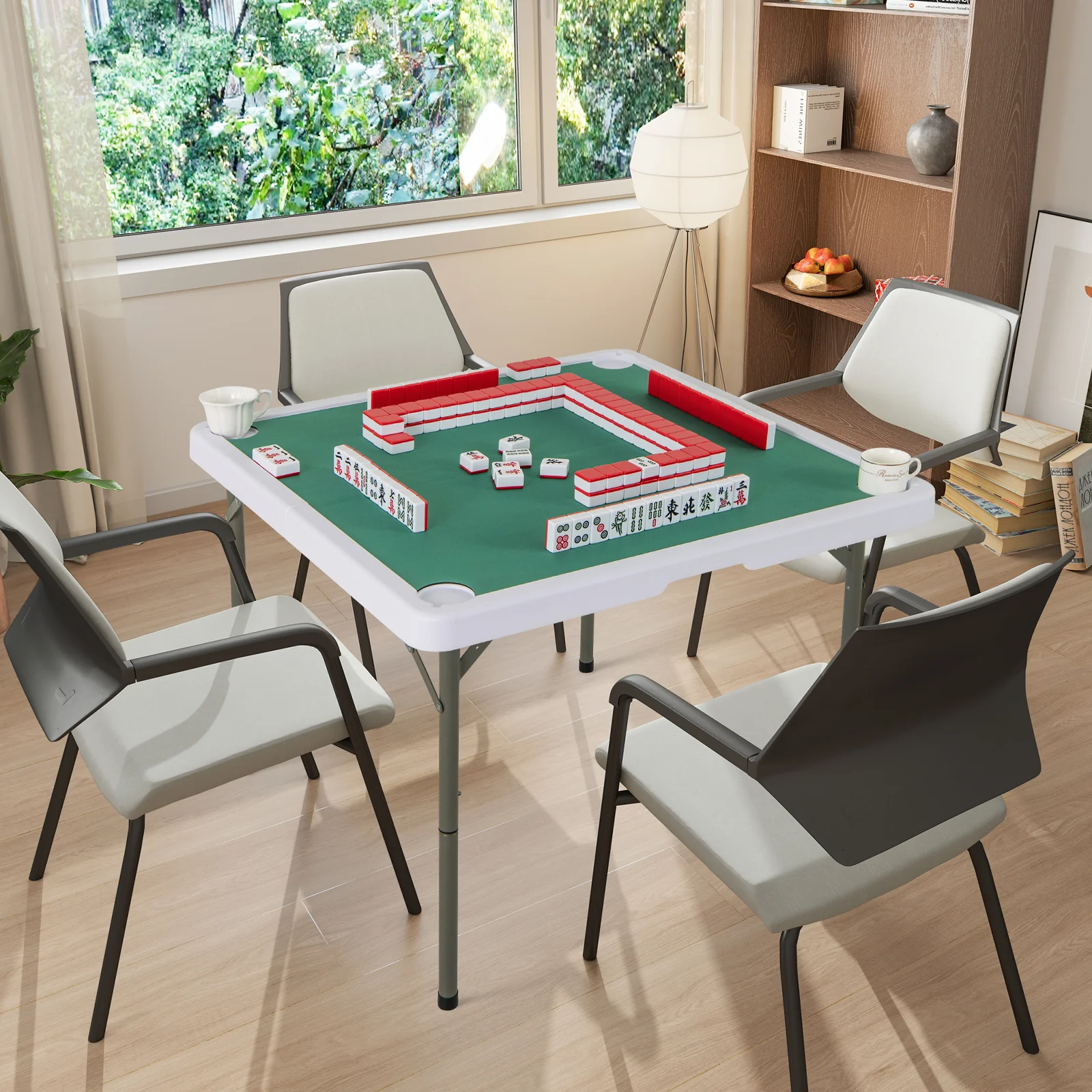 35 Inch 4 Player Folding Mahjong Table, Cup Holders, Green - Image 3