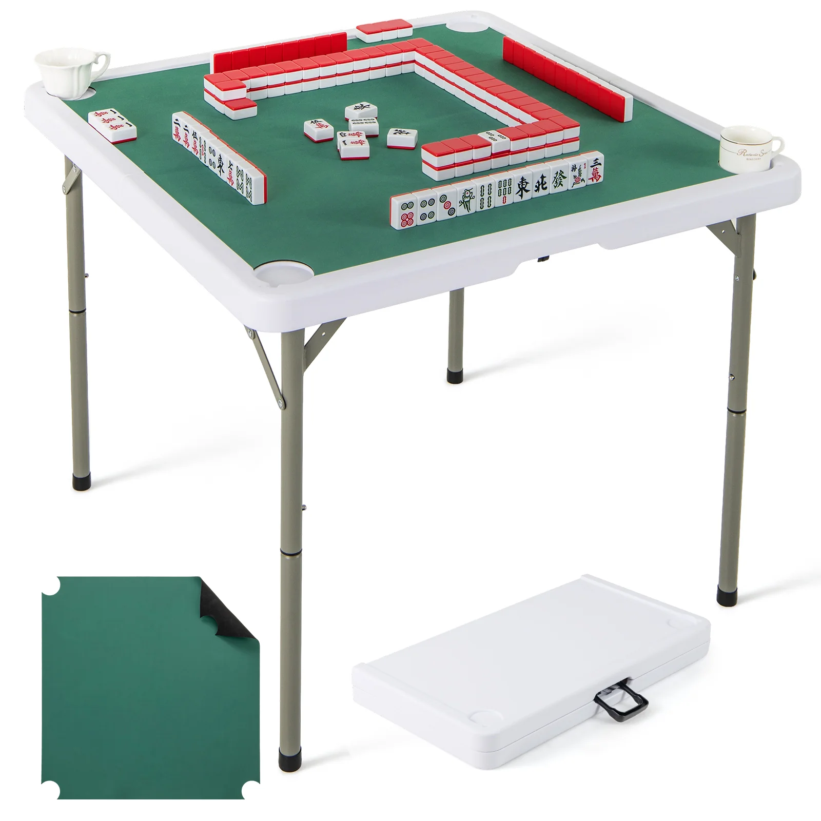 35 Inch 4 Player Folding Mahjong Table, Cup Holders, Green - Image 5