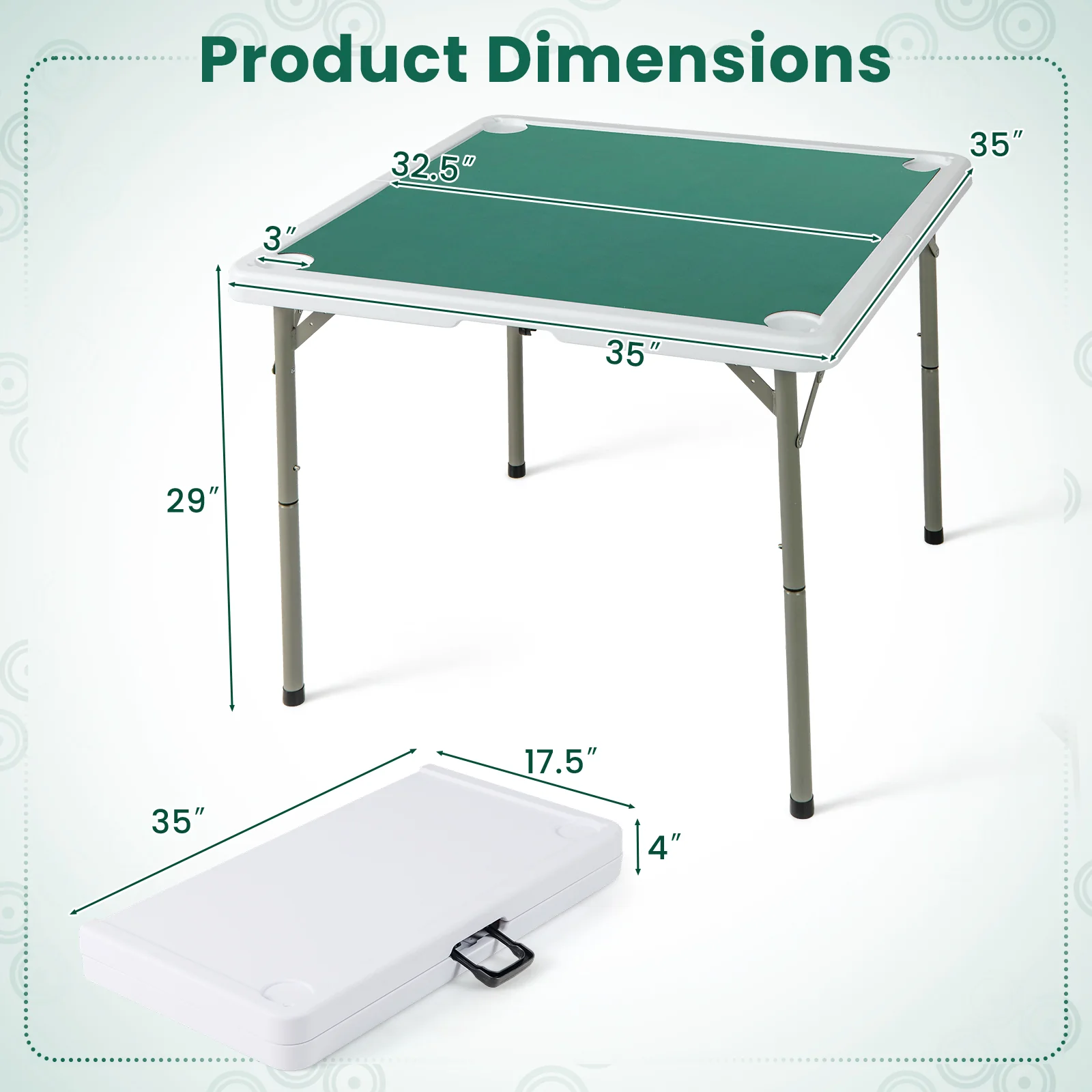 35 Inch 4 Player Folding Mahjong Table, Cup Holders, Green - Image 6