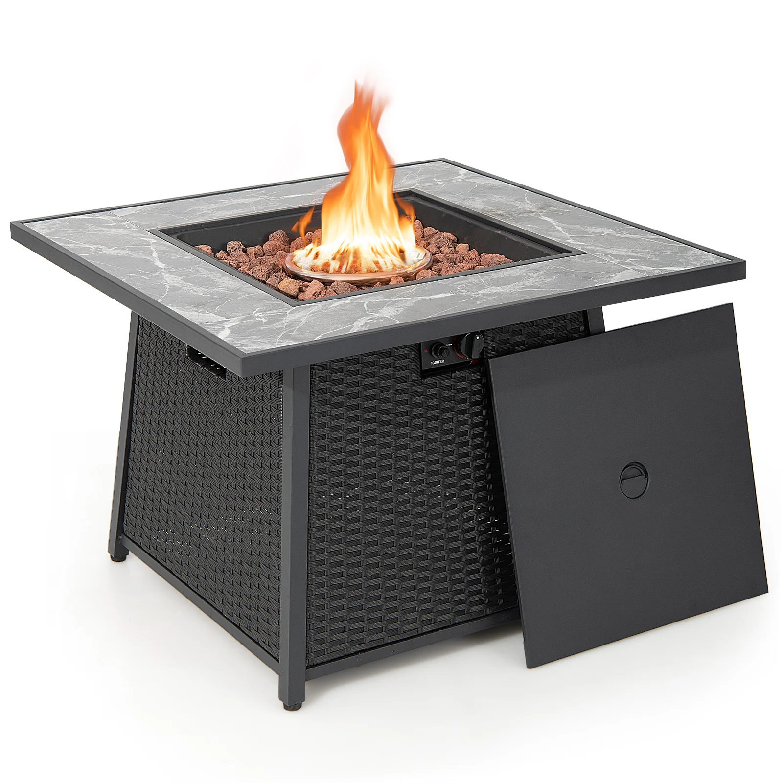 35 Inch Propane Fire Pit Table, Wicker Rattan, Lava Rocks, PVC Cover, Black