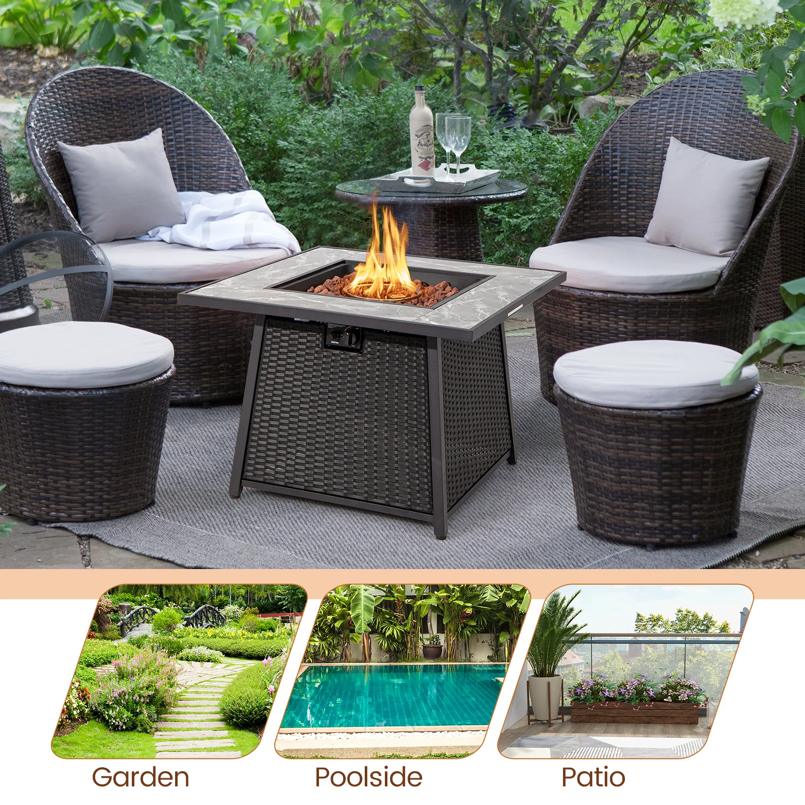 35 Inch Propane Fire Pit Table, Wicker Rattan, Lava Rocks, PVC Cover, Black - Image 10
