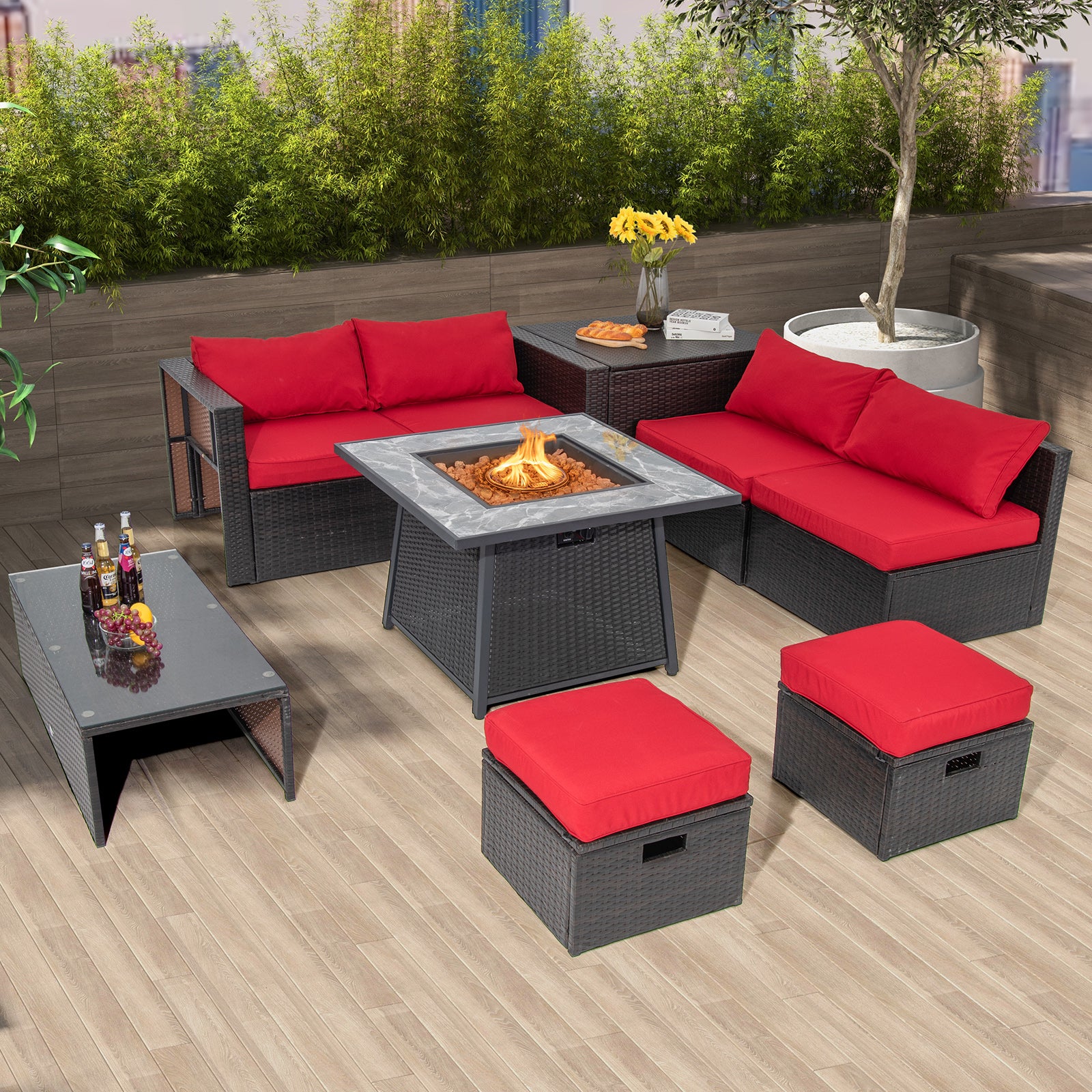 35 Inch Propane Fire Pit Table, Wicker Rattan, Lava Rocks, PVC Cover, Black - Image 2