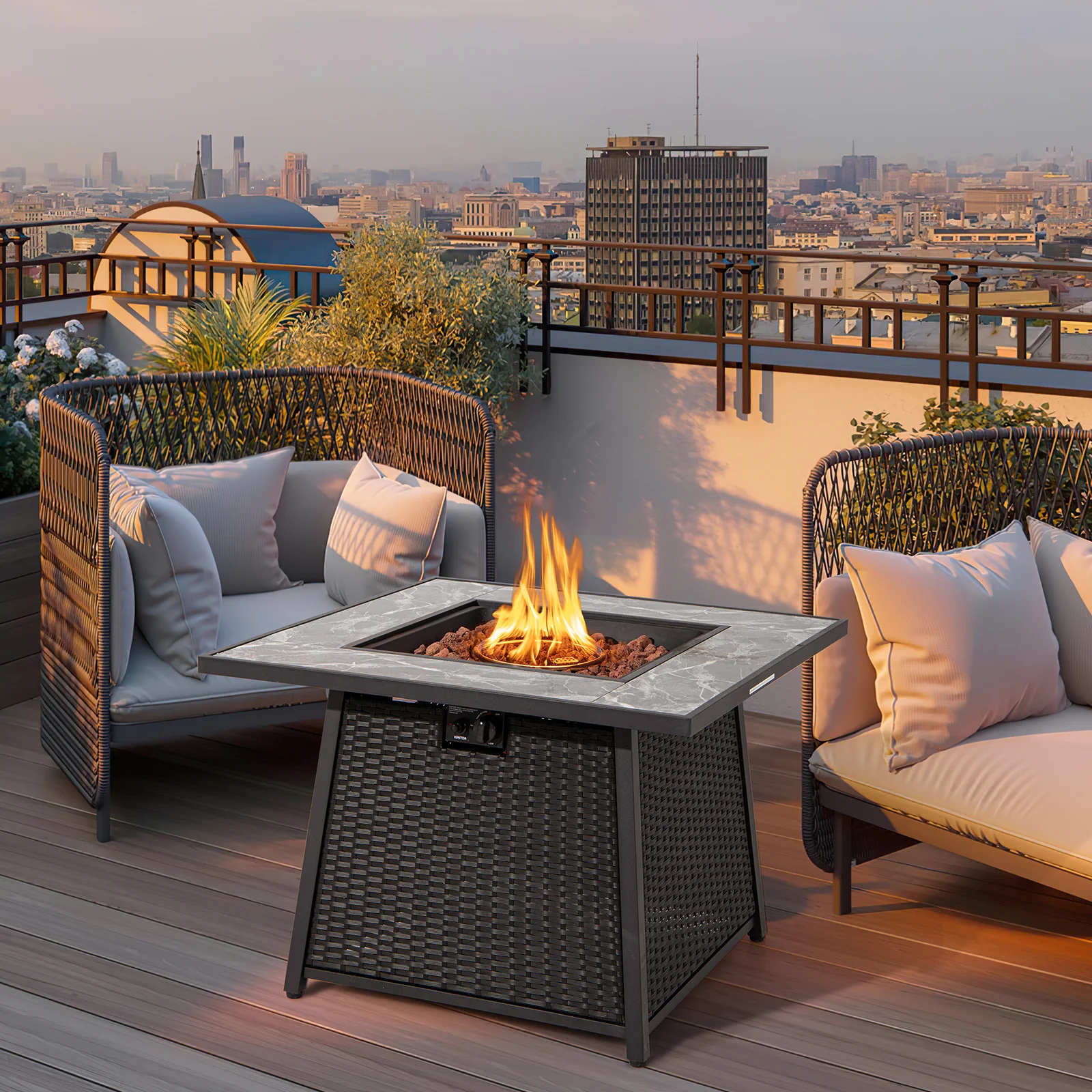 35 Inch Propane Fire Pit Table, Wicker Rattan, Lava Rocks, PVC Cover, Black - Image 3