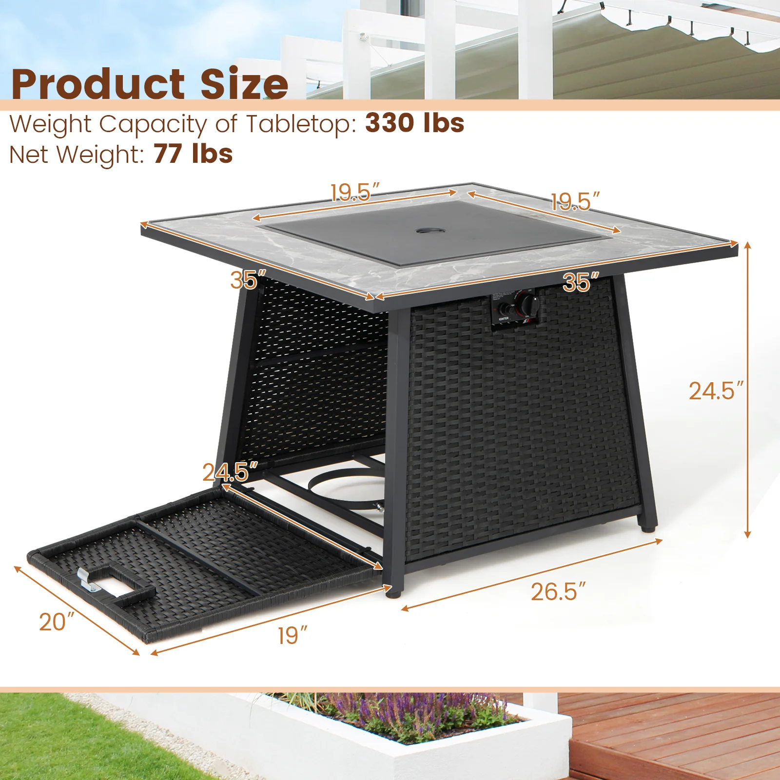 35 Inch Propane Fire Pit Table, Wicker Rattan, Lava Rocks, PVC Cover, Black - Image 5
