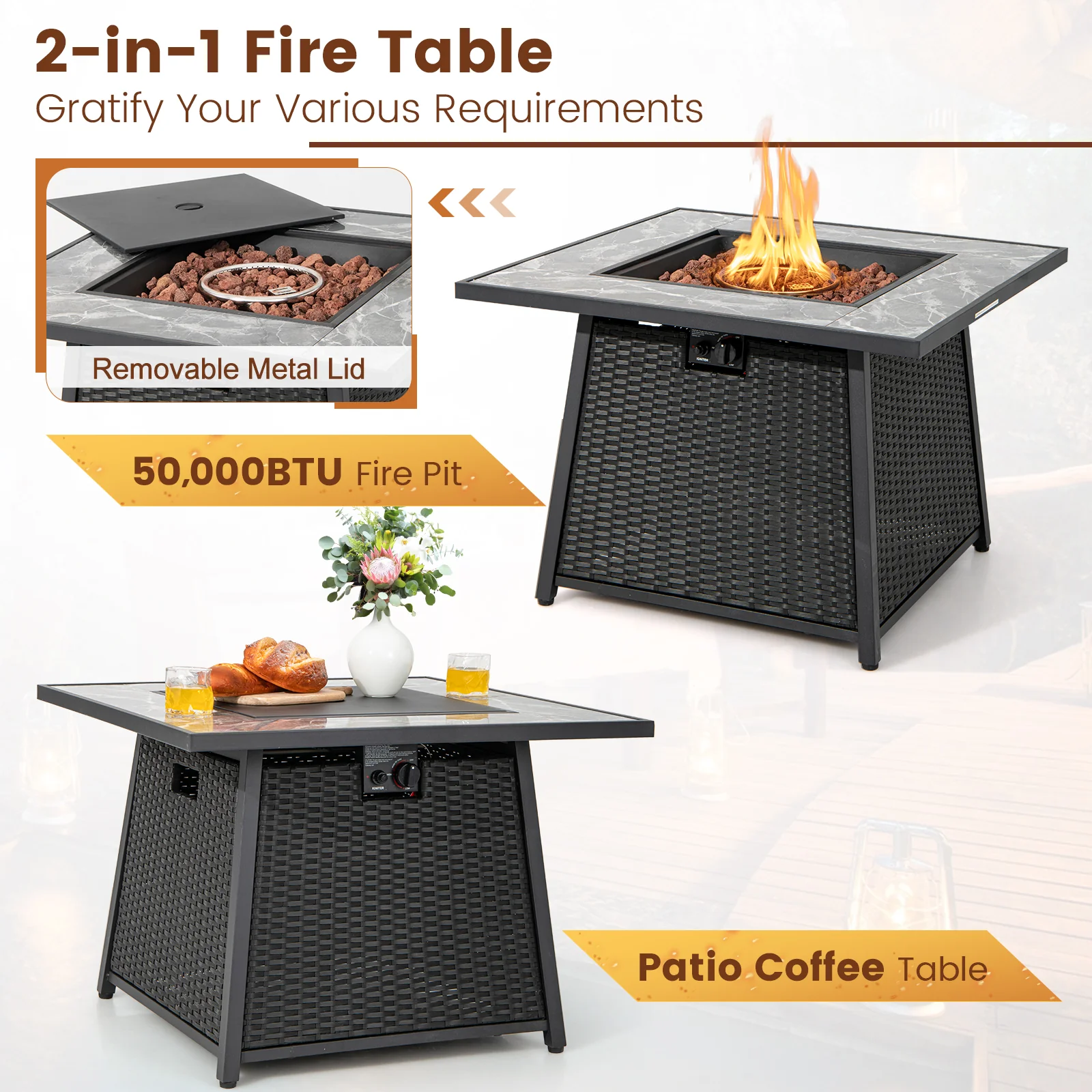 35 Inch Propane Fire Pit Table, Wicker Rattan, Lava Rocks, PVC Cover, Black - Image 6