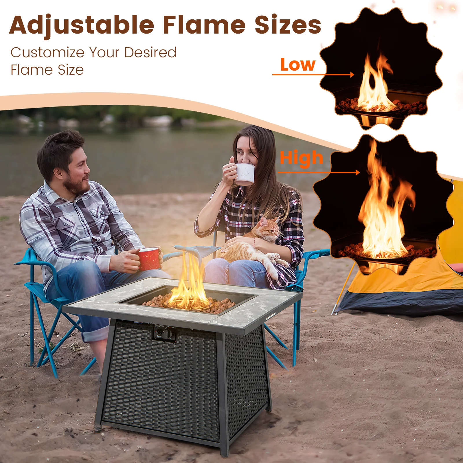 35 Inch Propane Fire Pit Table, Wicker Rattan, Lava Rocks, PVC Cover, Black - Image 9