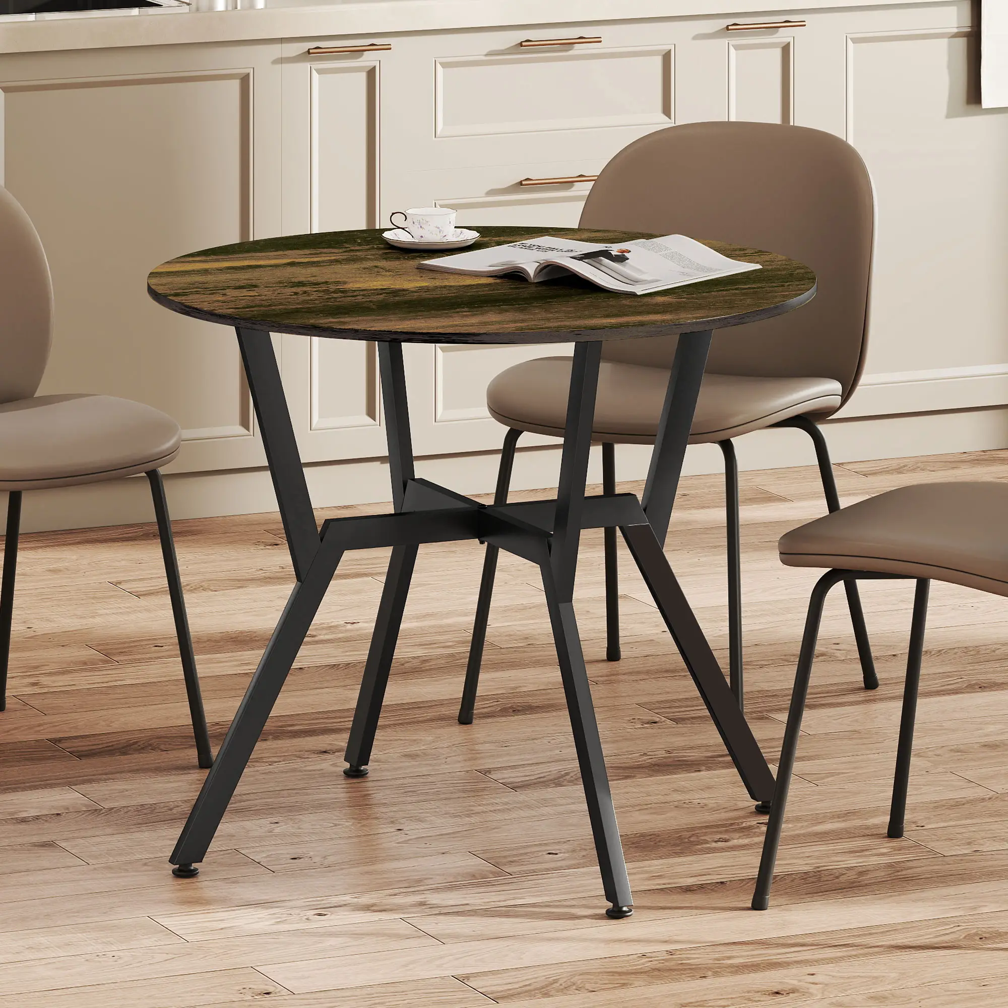 35 Inch Round Dining Table, Steel Frame, Rustic Brown - Image 10