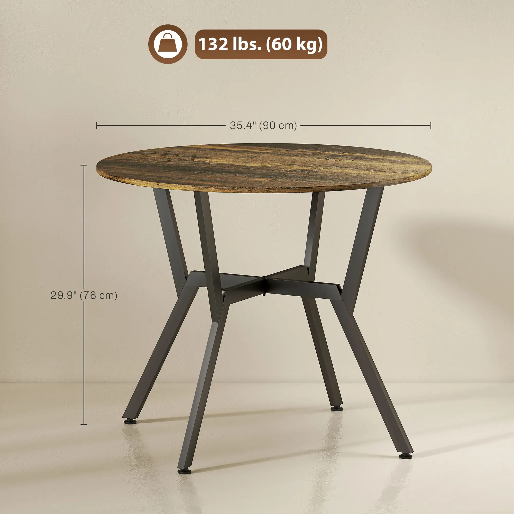 35 Inch Round Dining Table, Steel Frame, Rustic Brown - Image 3