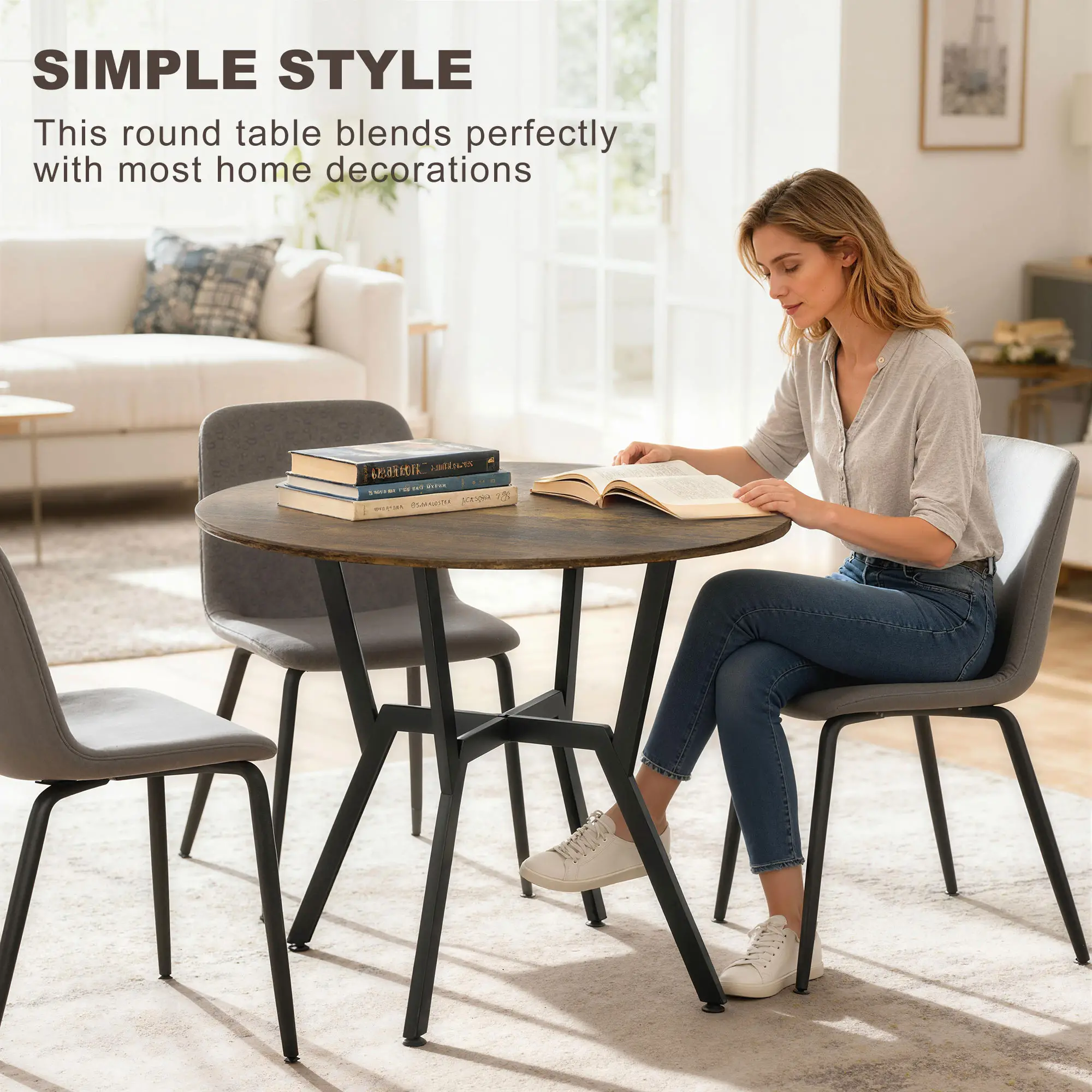 35 Inch Round Dining Table, Steel Frame, Rustic Brown - Image 4
