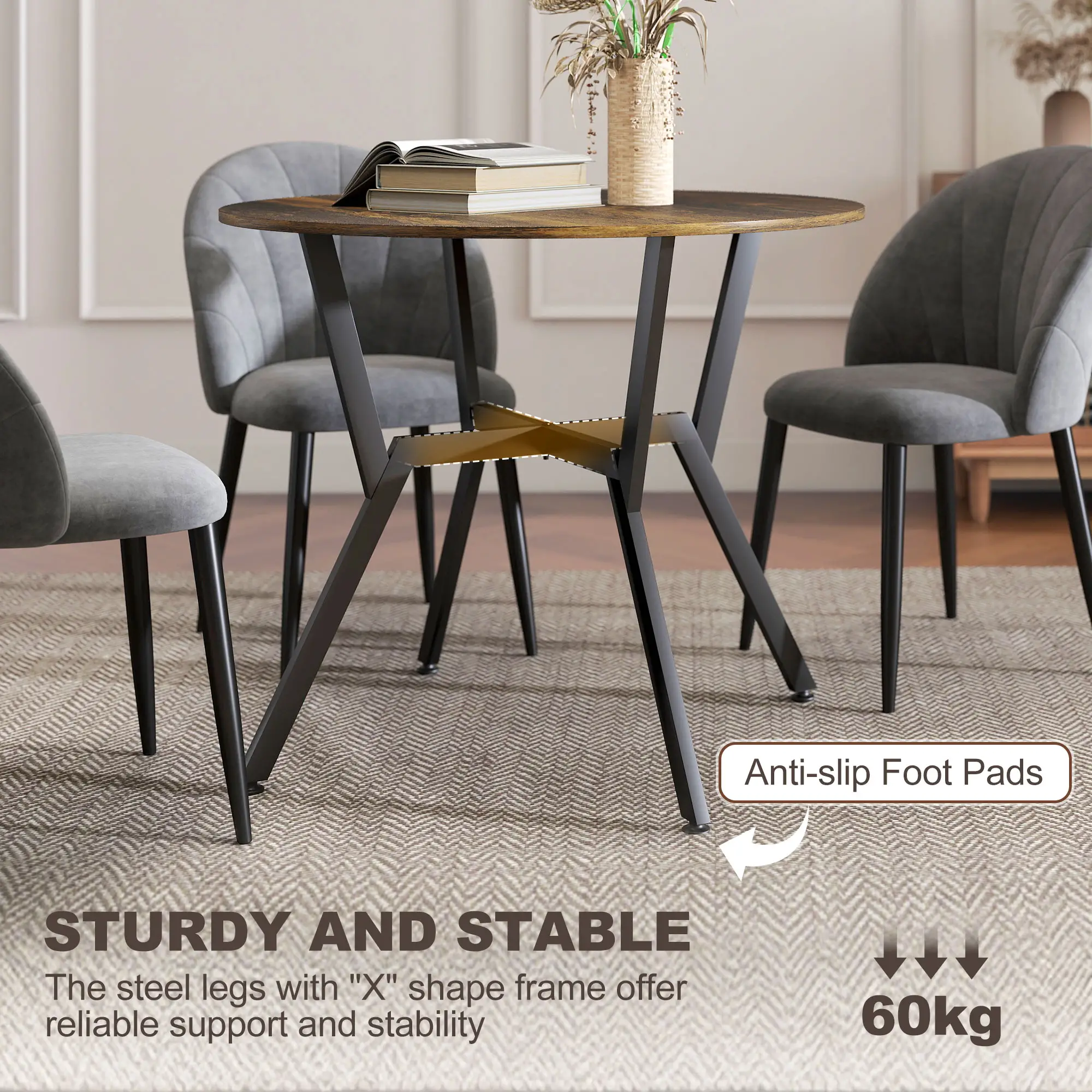 35 Inch Round Dining Table, Steel Frame, Rustic Brown - Image 5