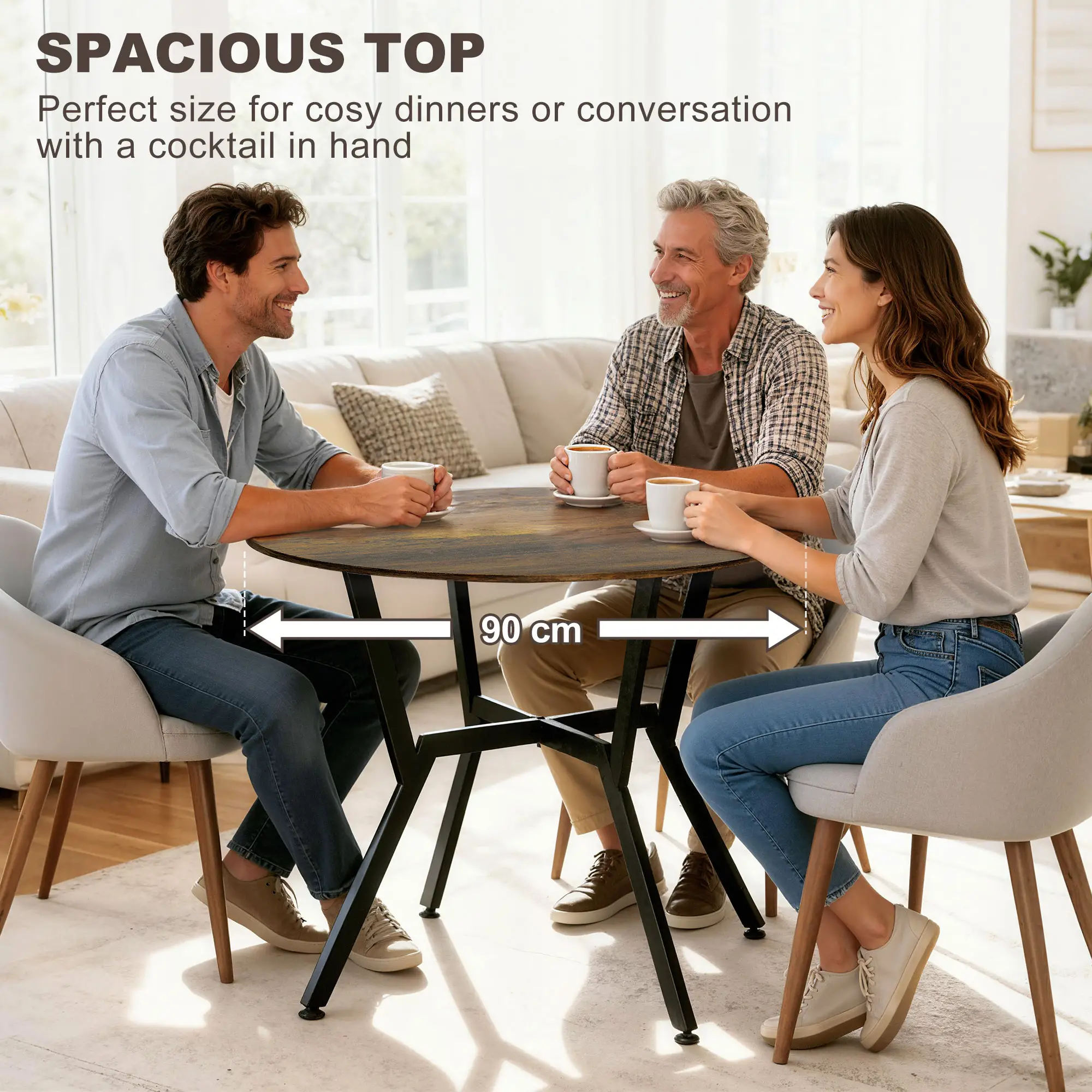 35 Inch Round Dining Table, Steel Frame, Rustic Brown - Image 6