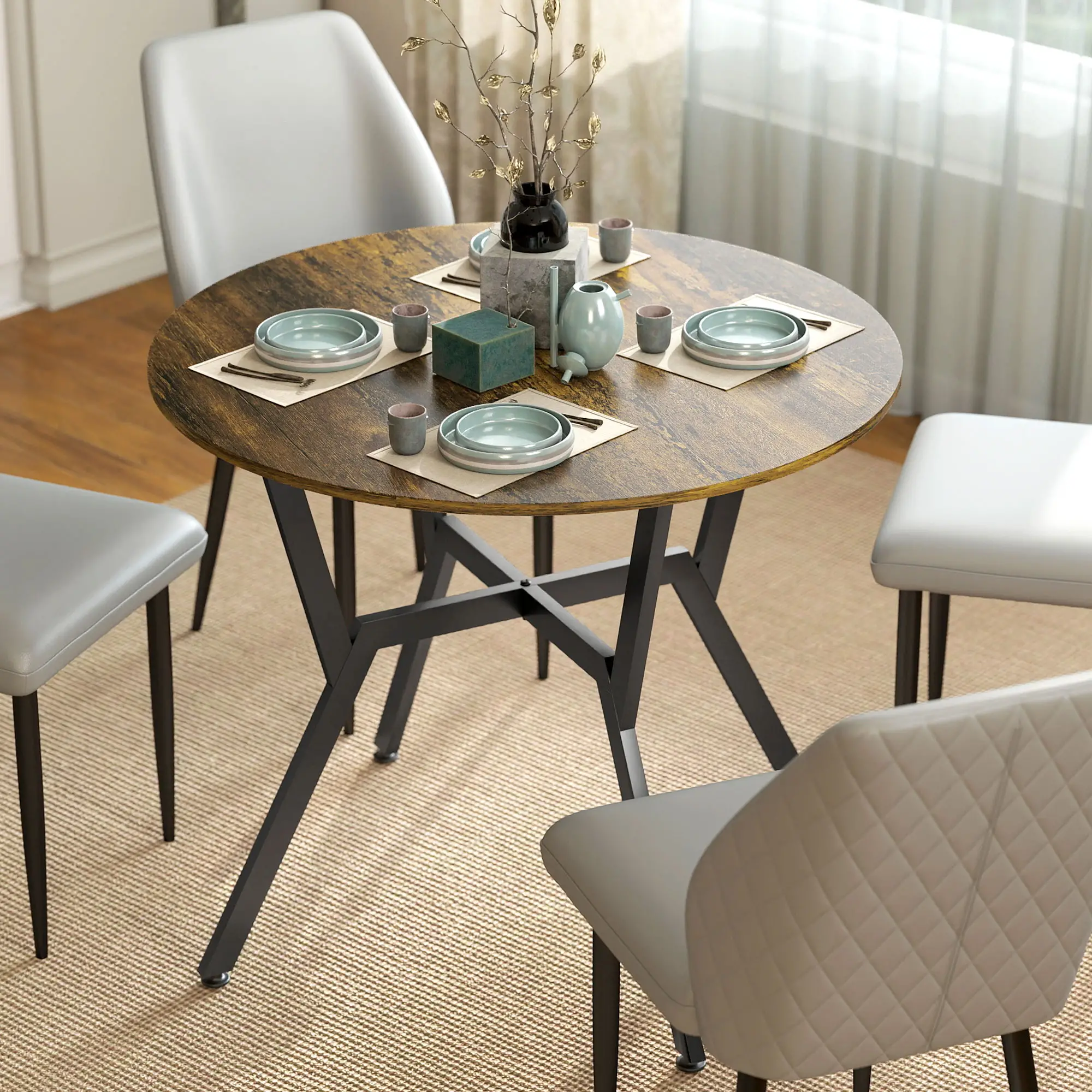 35 Inch Round Dining Table, Steel Frame, Rustic Brown - Image 8