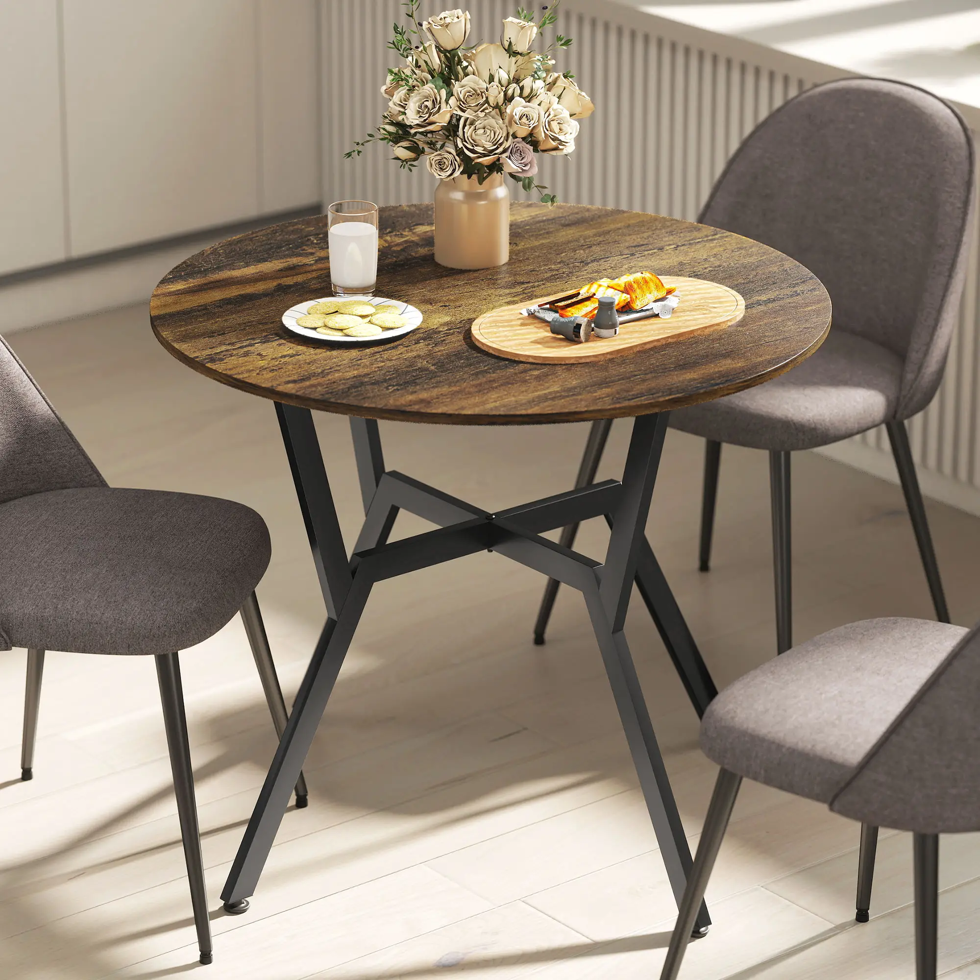 35 Inch Round Dining Table, Steel Frame, Rustic Brown - Image 9