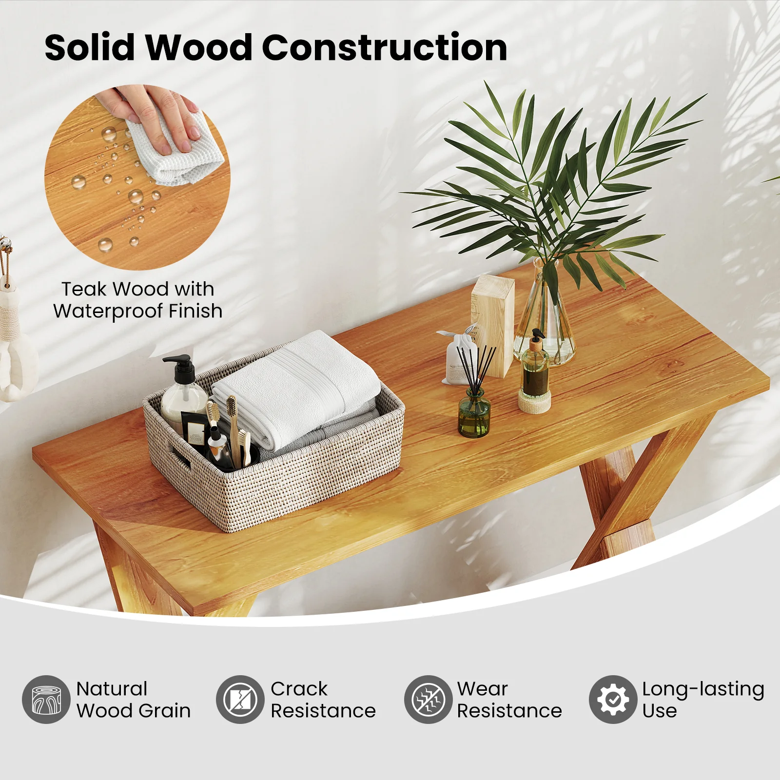 35 Inch Solid Wood Console Table With Storage Shelf, Teak - Image 10