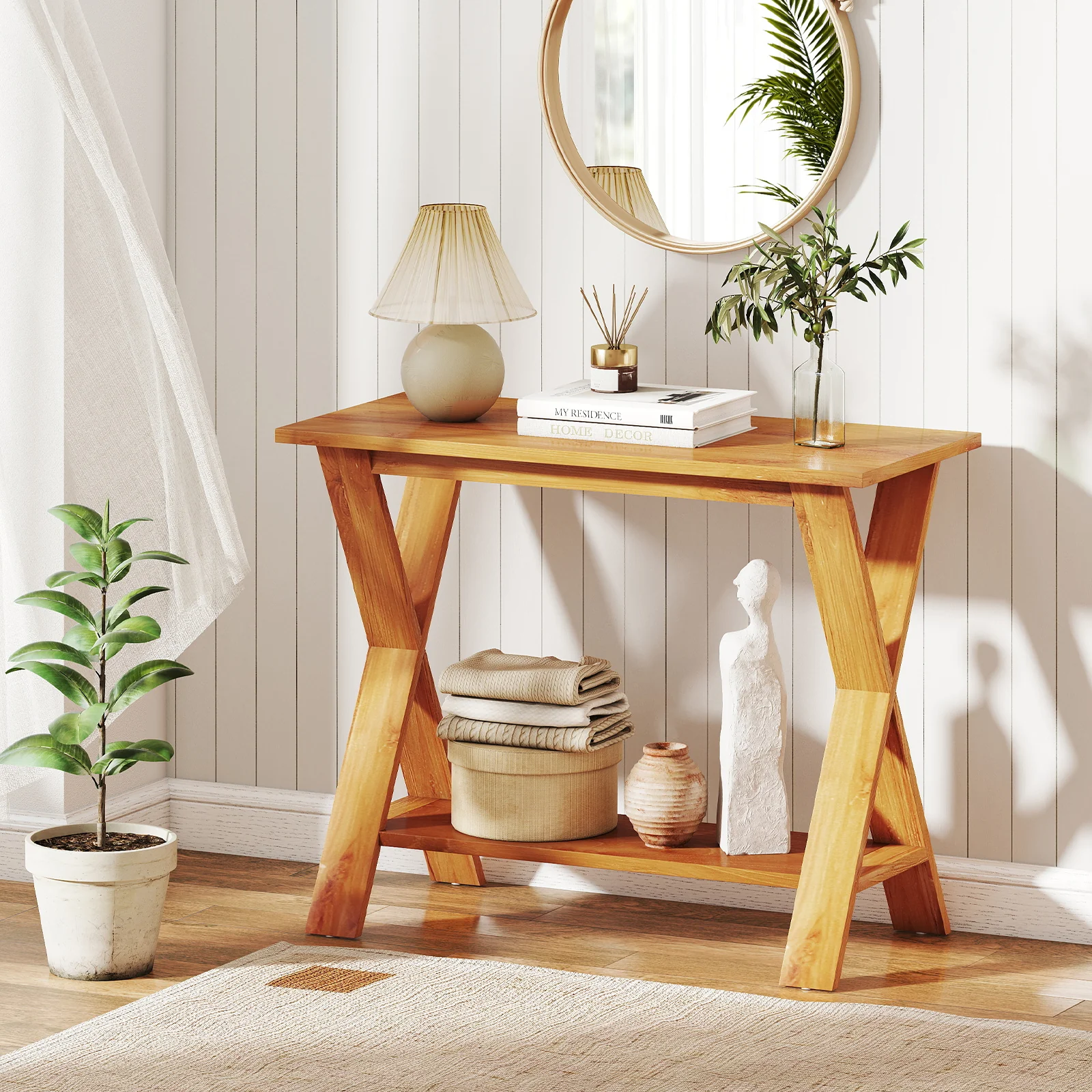 35 Inch Solid Wood Console Table With Storage Shelf, Teak - Image 3