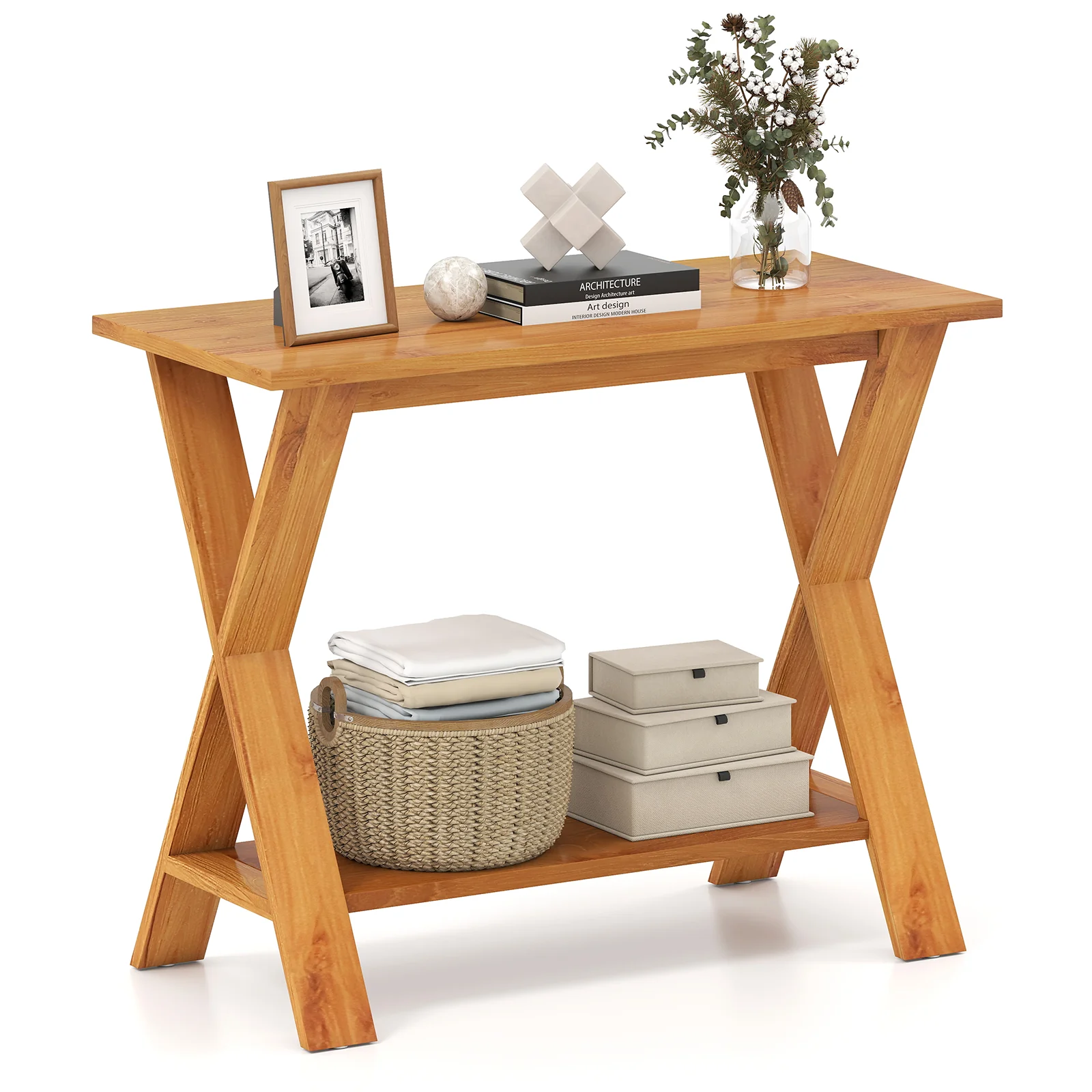 35 Inch Solid Wood Console Table With Storage Shelf, Teak - Image 4