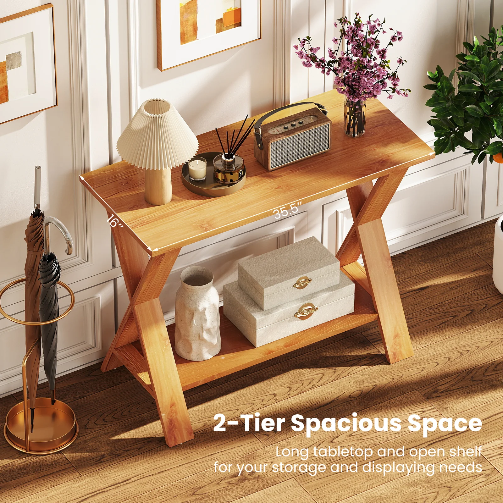 35 Inch Solid Wood Console Table With Storage Shelf, Teak - Image 9