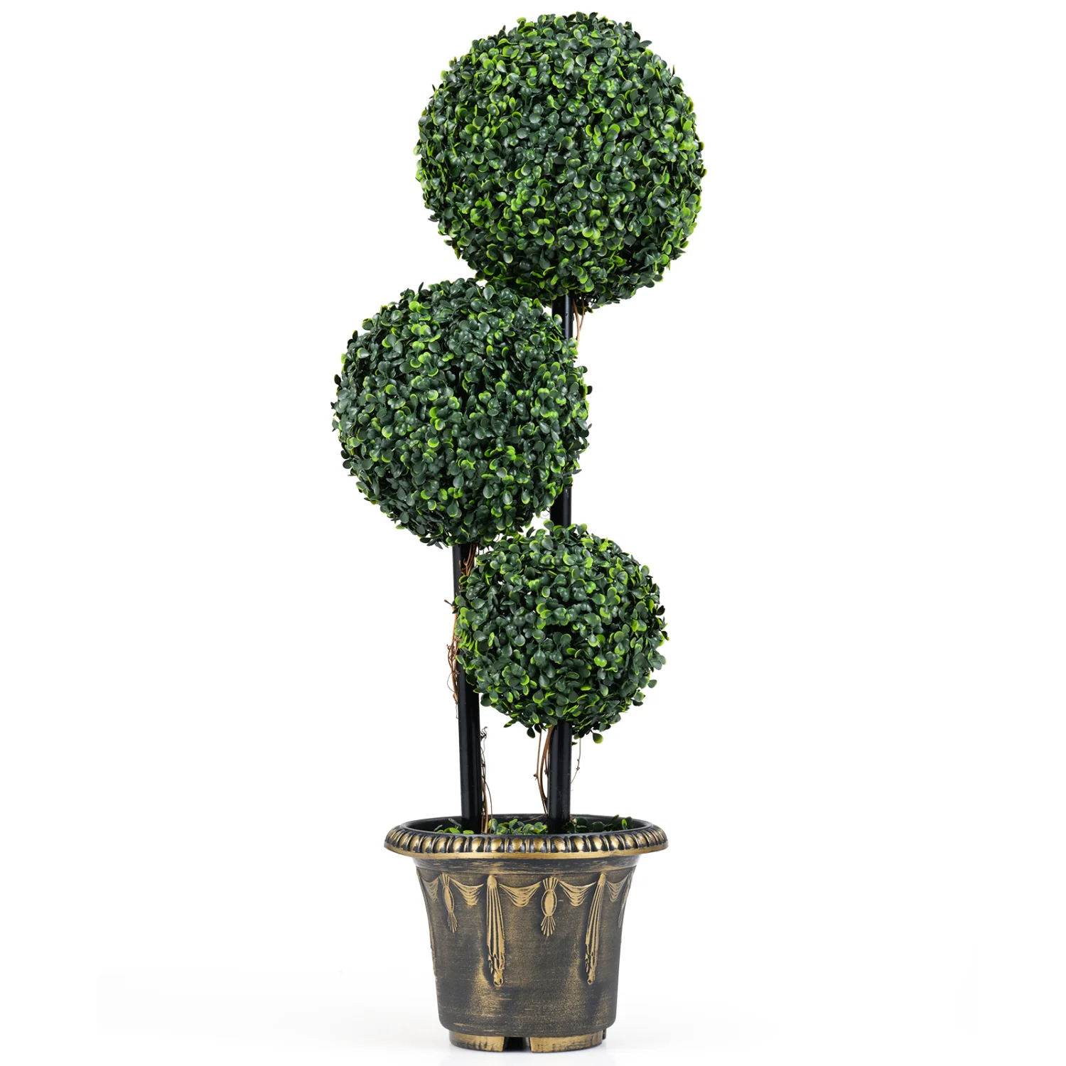 35 Inches Artificial Boxwood Topiary Tree, Triple Ball Shrubs