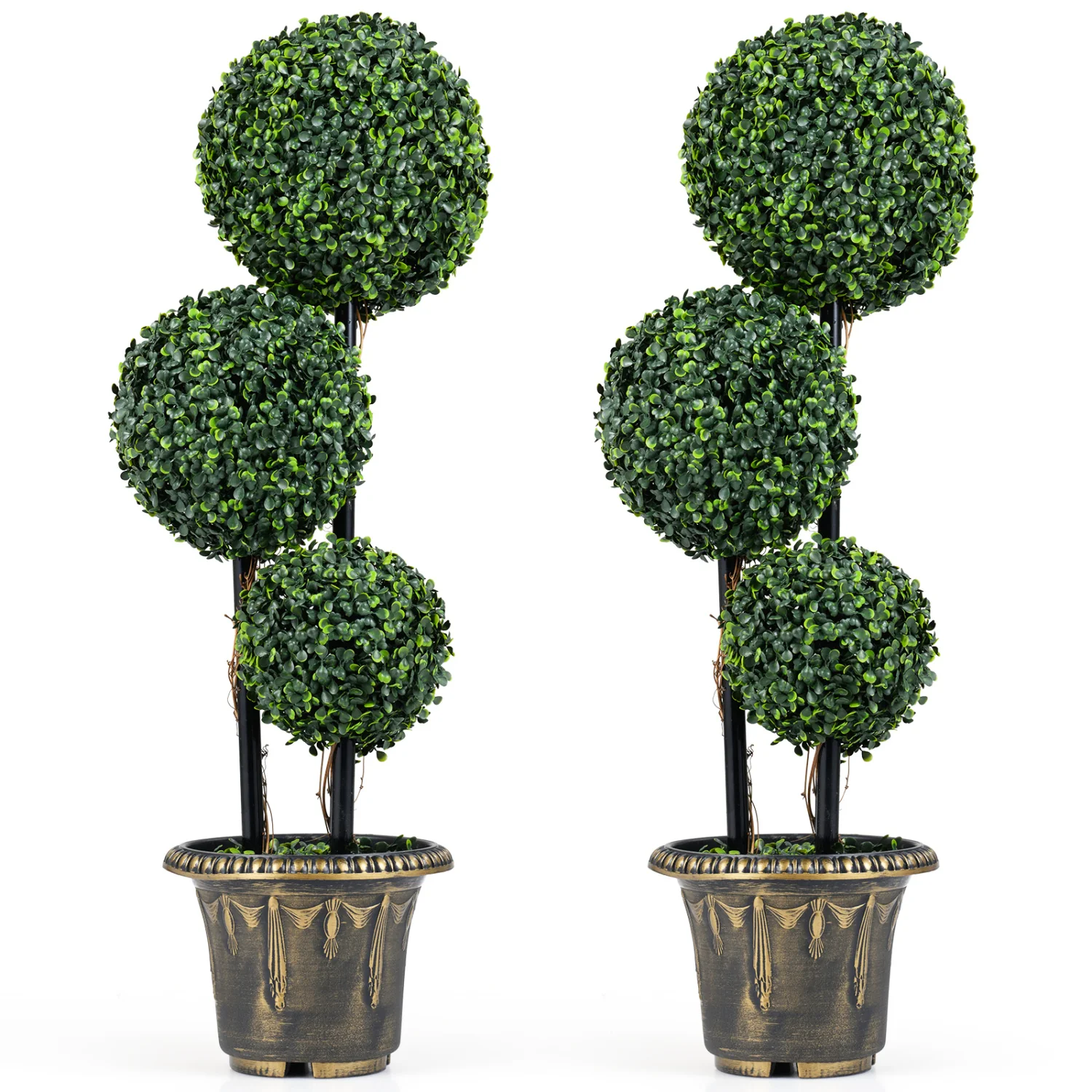 35 Inches Artificial Boxwood Topiary Tree, Triple Ball Shrubs, Set of 2