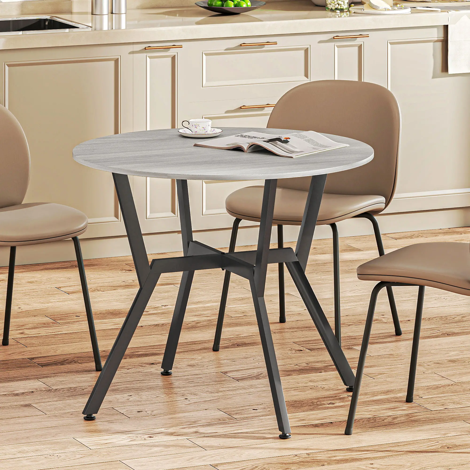 35" Round Dining Table, Steel Frame, Small Kitchen Table, Grey - Image 10