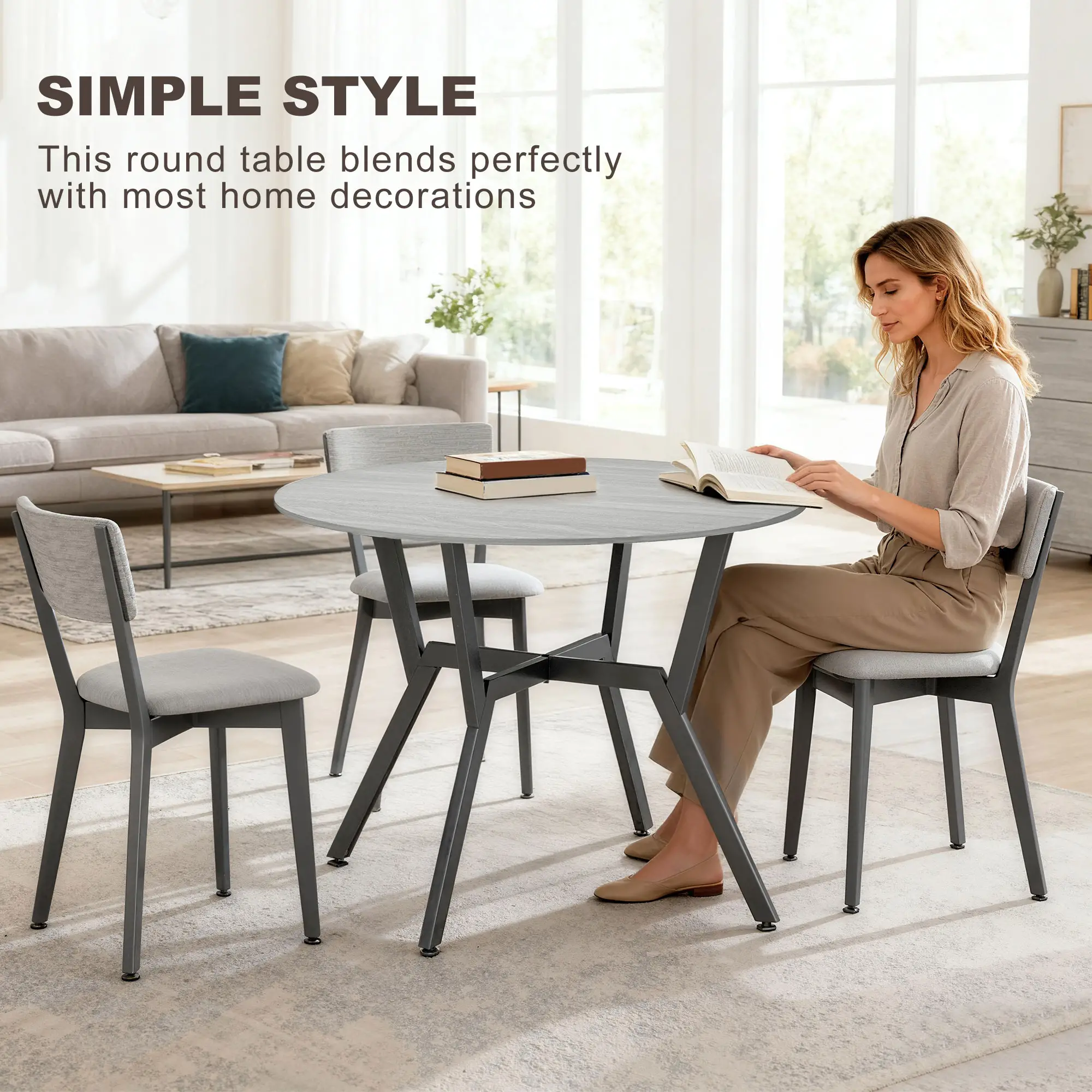 35" Round Dining Table, Steel Frame, Small Kitchen Table, Grey - Image 4