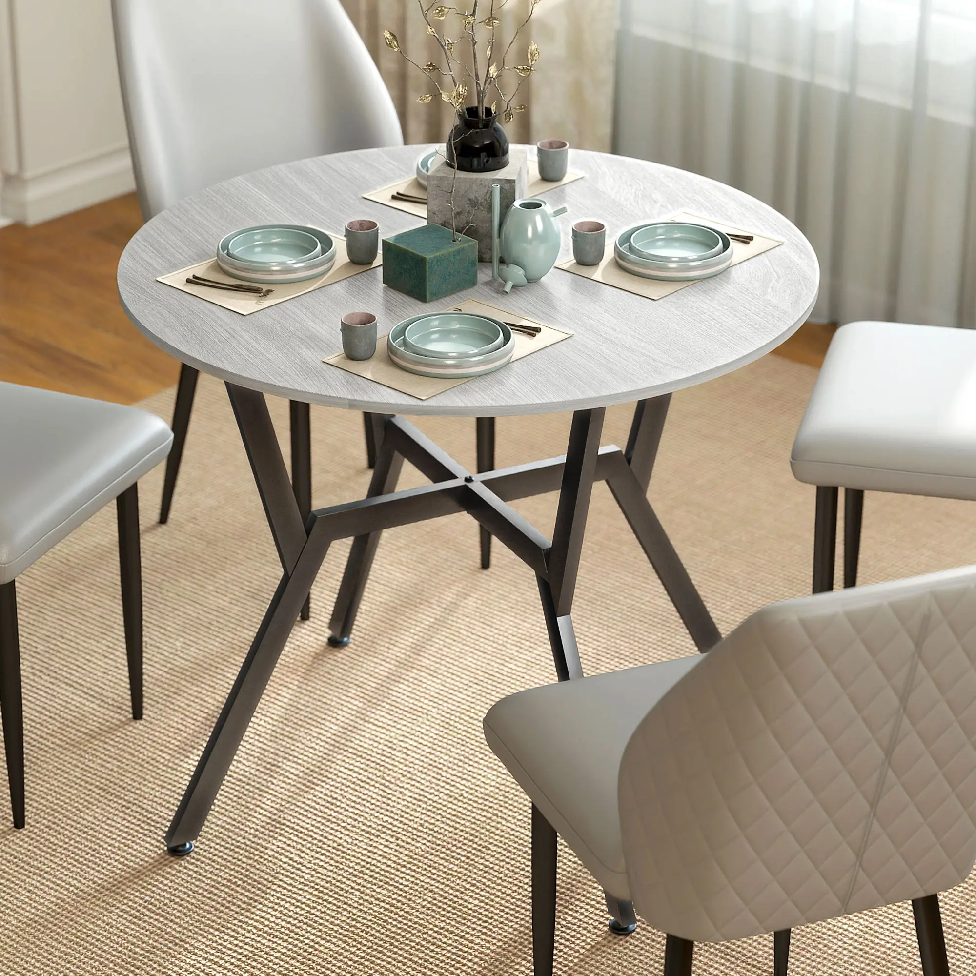 35" Round Dining Table, Steel Frame, Small Kitchen Table, Grey - Image 8