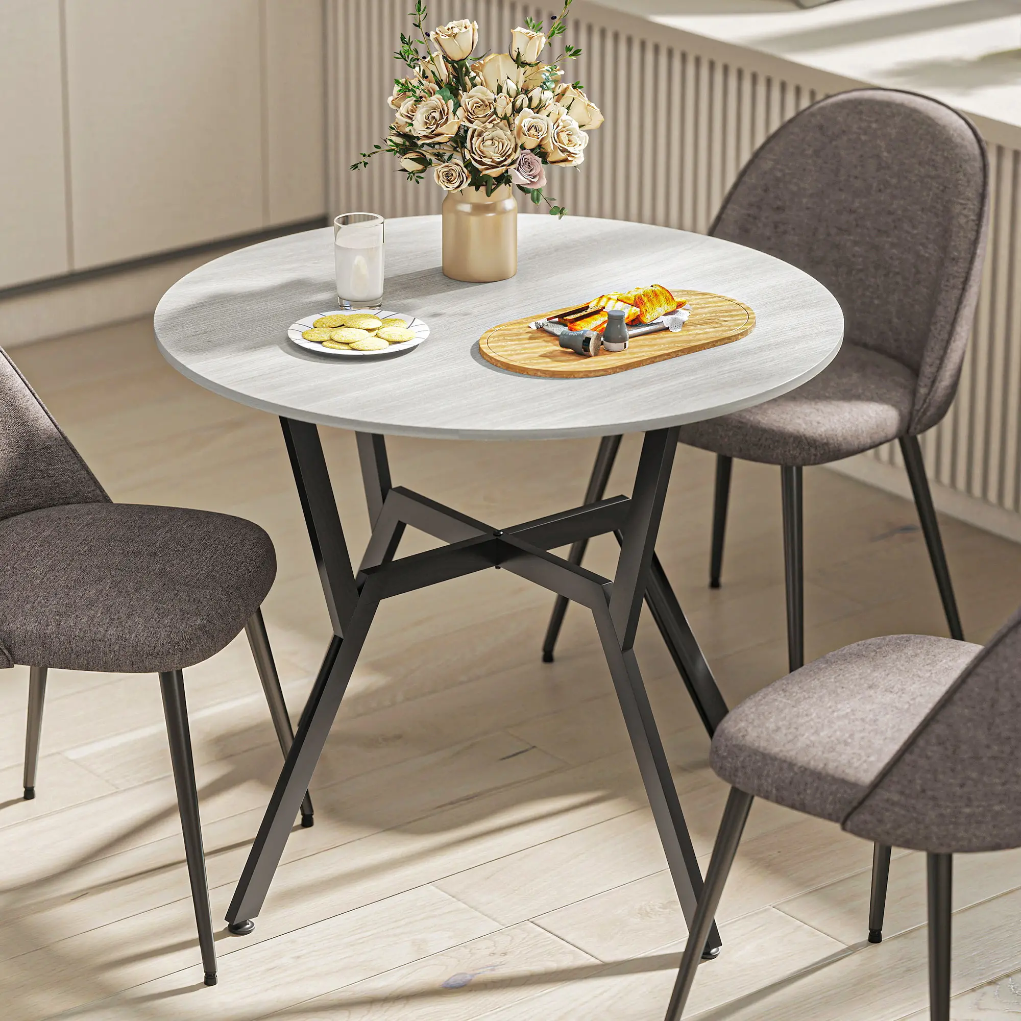 35" Round Dining Table, Steel Frame, Small Kitchen Table, Grey - Image 9