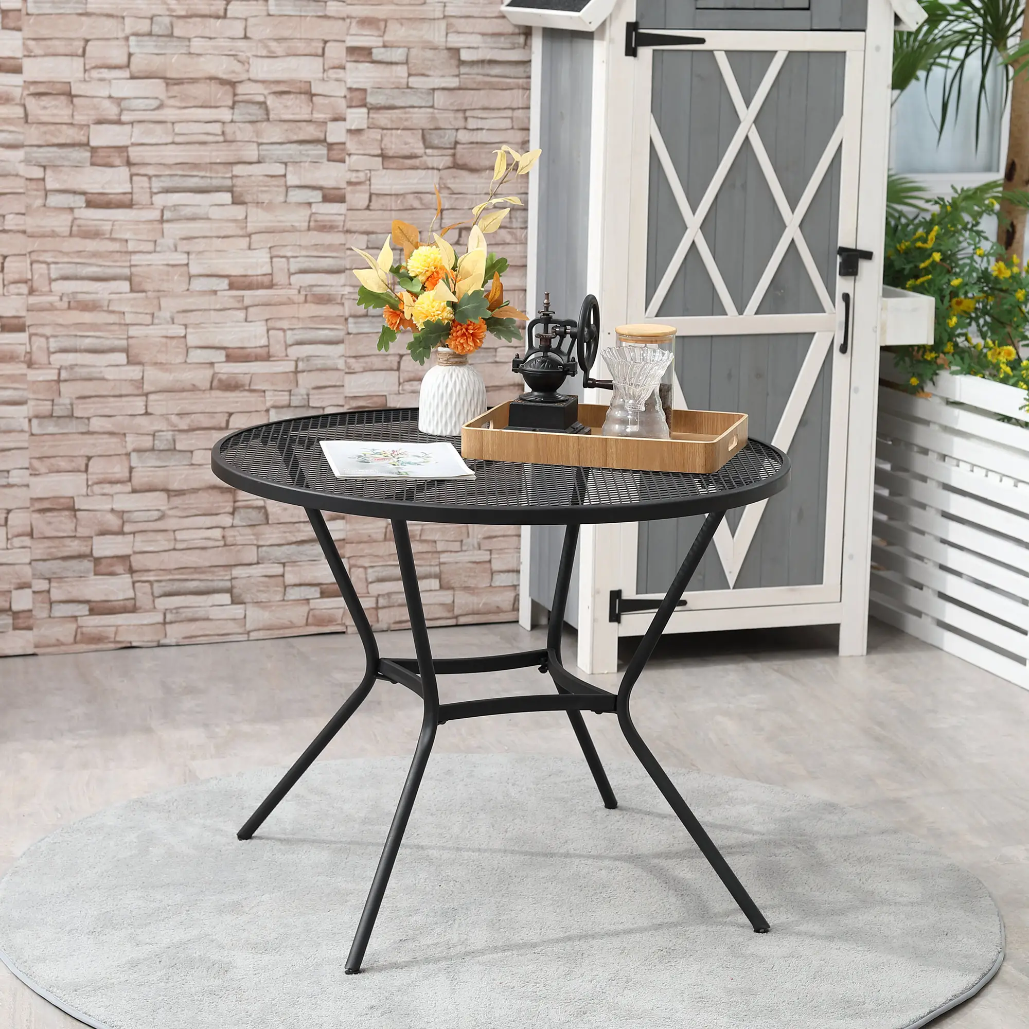 35" Round Patio Dining Table, Steel with Mesh Tabletop, Black - Image 8